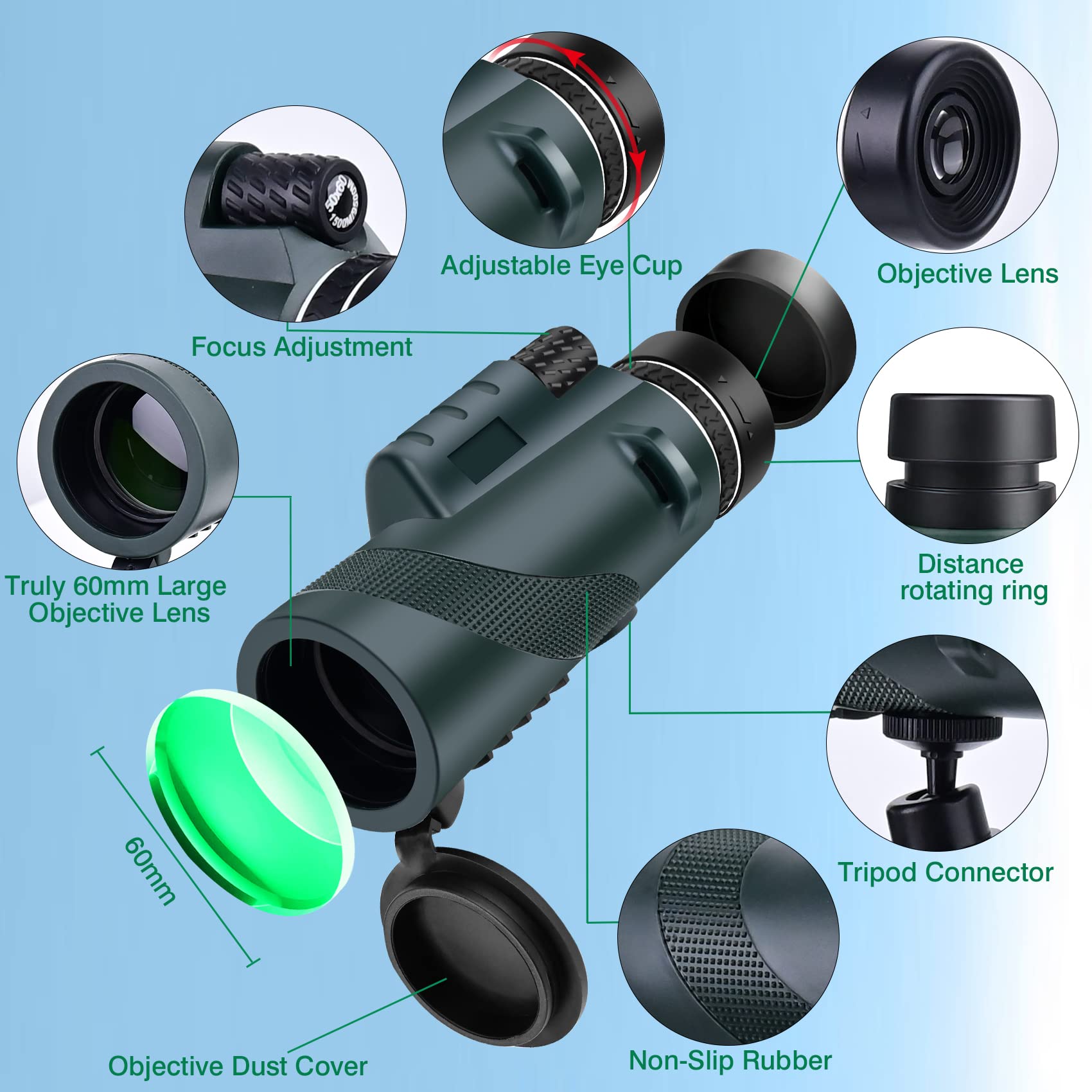 Foleto 50X60 Monocular Telescope, Monoculars For Adults High Powered, High Power Hd Compact Monocular Bak-4 Prism And Fmc Lens, Stargazing Hunting, Wildlife Bird Watching, Travel Camping, Hiking (Green)