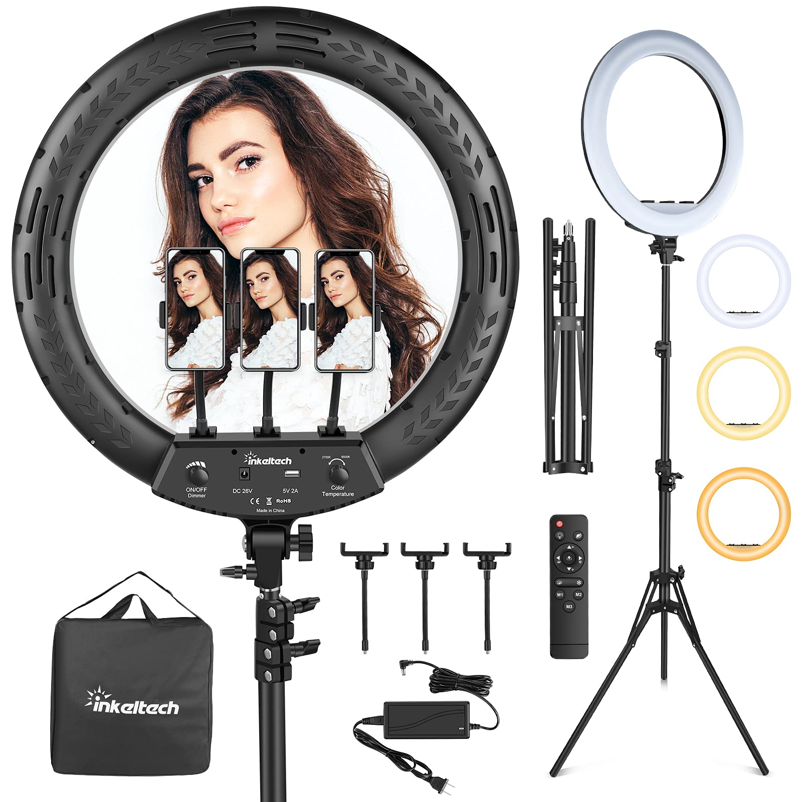 Inkeltech 18” Ring Light With Tripod Stand & 3 Phone Holders, Dimmable Led Ring Light Kit, Adjustable 2700K-6500K Color Temperature Light Ring For Live Stream, You Tube Video, Tiktok, Makeup Black