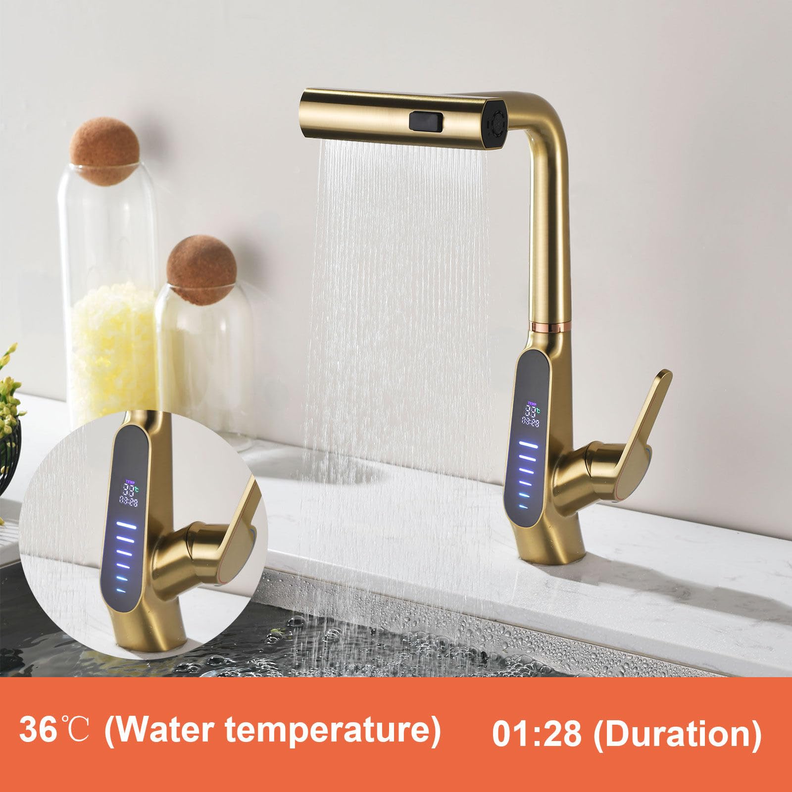 Beith Waterfall Kitchen Sink Mixer Taps With Pull Out Sprayer, 3 Modes Kitchen Sink Faucet, 360° Rotation, Digital Display, Single Lever Kitchen Tap, 59A Copper, Anti-Corrosion, Durable