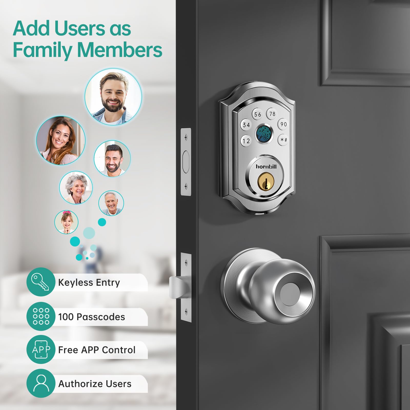 Hornbill Smart Deadbolt Door Lock Set: Silver Keyless Entry Door Knobs With Fingerprint Electronic Digital Bluetooth Door Lock With Keypad Code App Alexa Auto Lock For House Apartment