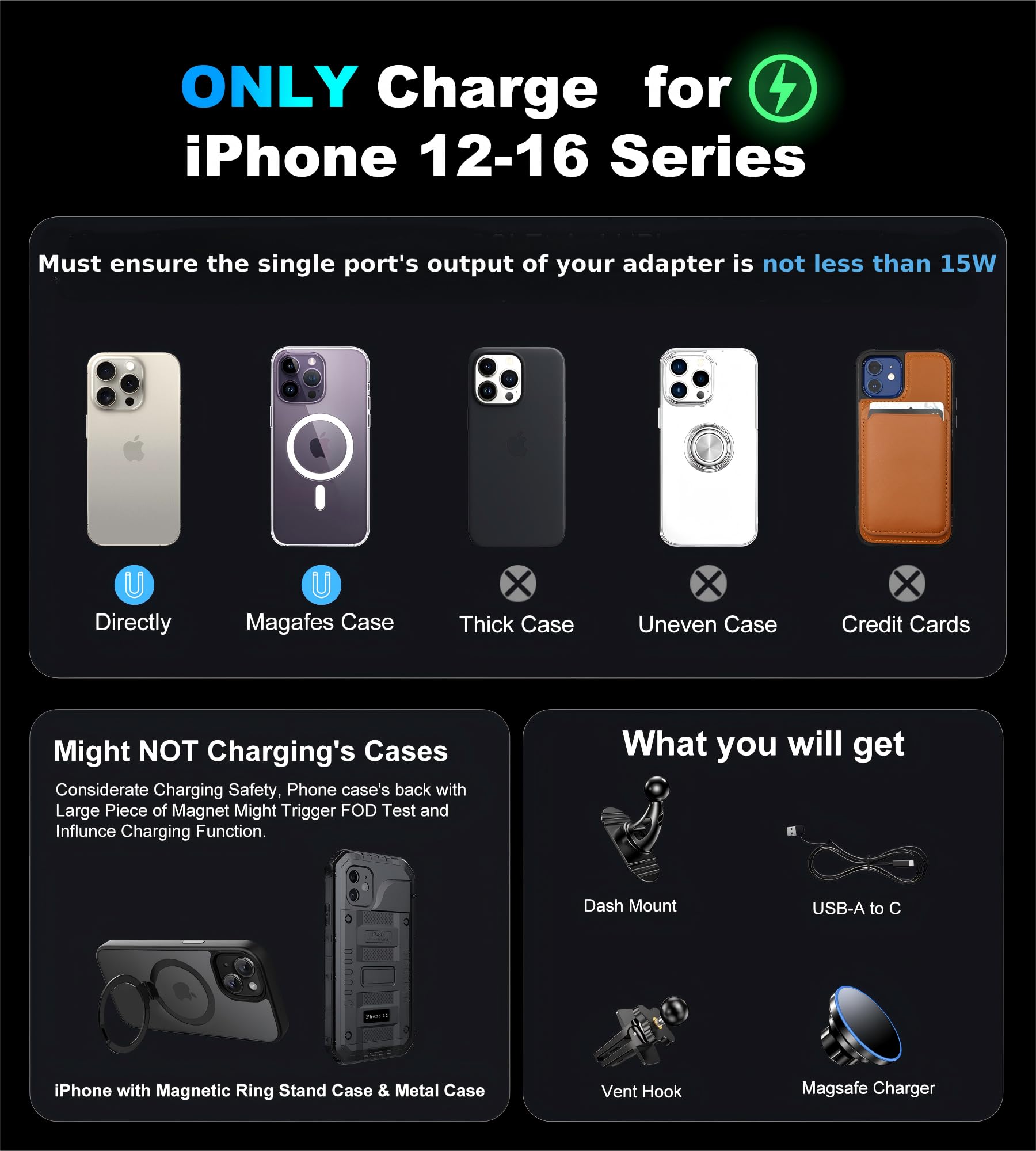 Bhhb For Iphone 16 Magsafe Car Mount Charger, [ ] 15W 2In1 Magnetic Wireless Car Charger, Fits For Magsafe Car Charger, Vent/Dashboard Phone Holder Mount For Iphone 16 15 14 13 12 Series