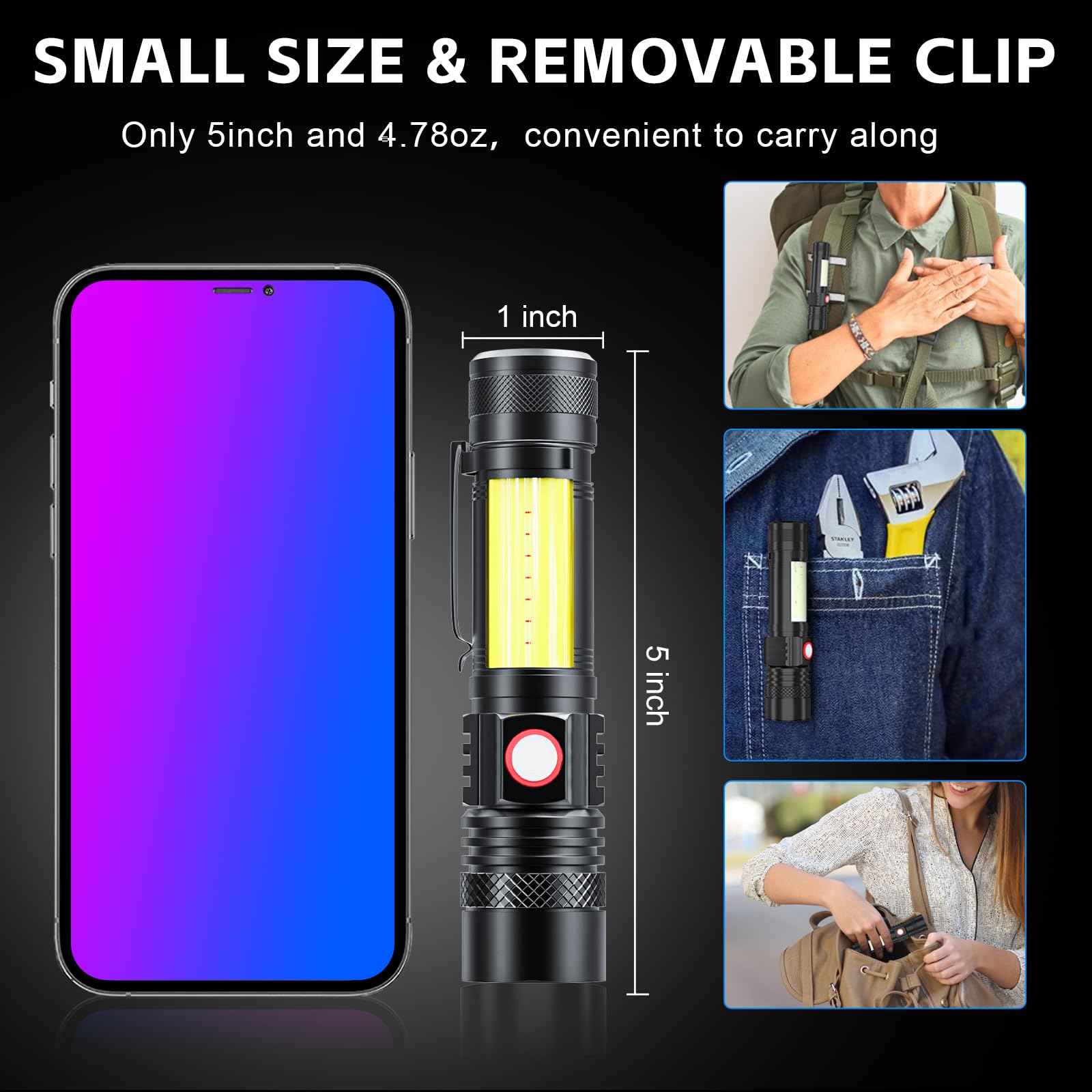 Atdoall Rechargeable Led Flashligh, Usb Magnetic Flashlights With Cob Sidelight, Small Tactical Flashlights 2000Lm, Waterproof, Zoomable, Portable Handheld Flash Light For Home, Emergency, Outdoor