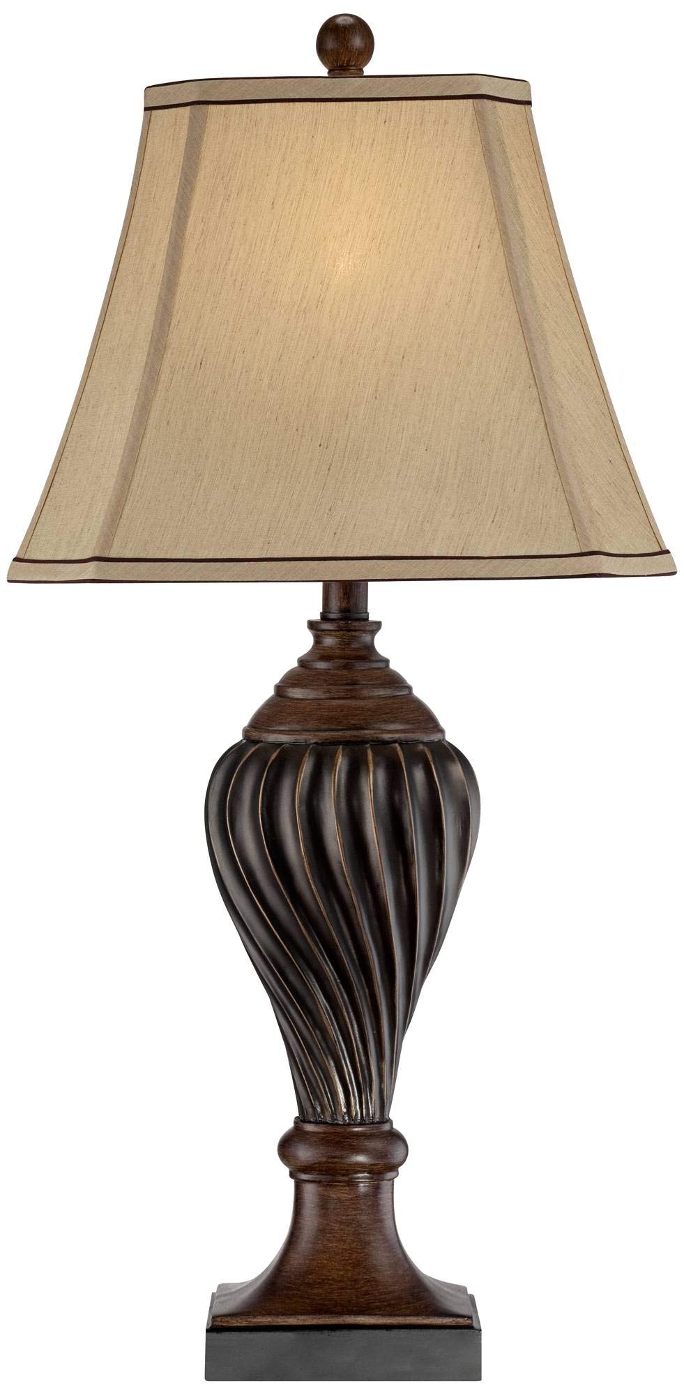 Regency Hill Traditional Style Table Lamp 28.5" Tall Carved Two Tone Brown Urn Shaped Ball Beige Fabric Rectangular Shade For Living Room Bedroom House Bedside Nightstand Home Office