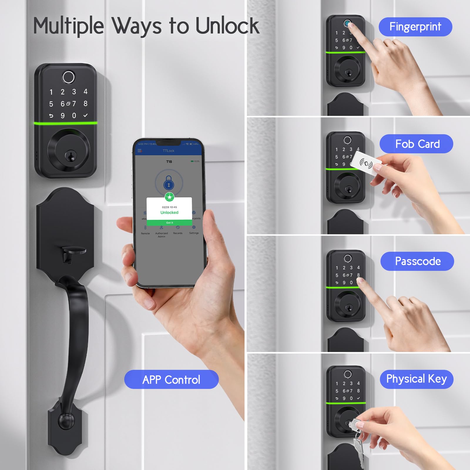 Wisegear Deadbolt Smart Lock With Handle Set: Fingerprint Keypad Smart Locks For Front Door - App Controlled Keyless Entry Door Lock With Code - Electronic Door Handle Sets - Waterproof Digital Handleset
