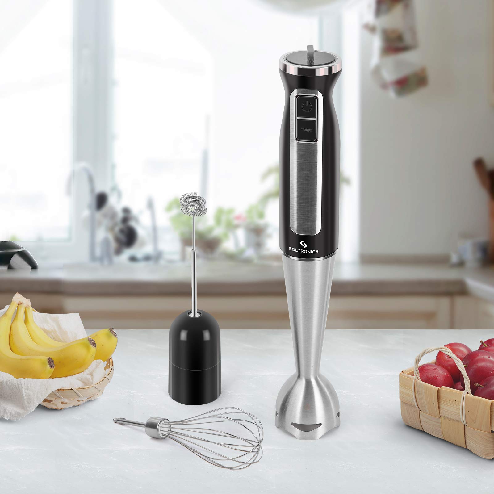 Soltronics 3-In-1 Hand Blender, 3-In-1, 8-Speed 500 Watts Stick Blender With Milk Frother, Egg Whisk For Smoothies, Coffee Milk Foam, Puree Baby Food, Sauces And Soups, Bpa-, Black