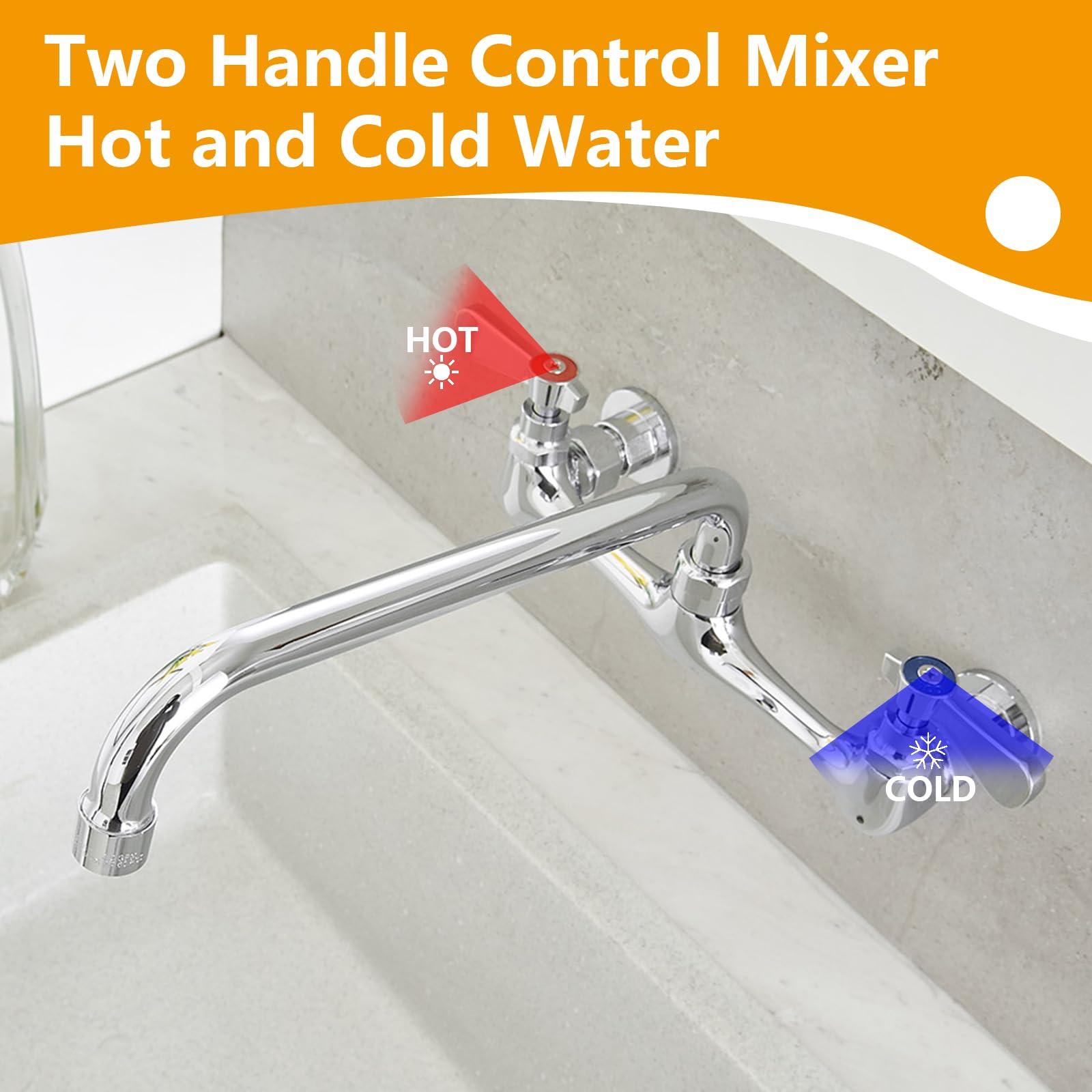 Bathlavish Kitchen Sink Faucet Chrome Wall Mount Commercial Brass Sink Faucet W/8“ Center Swivel Spout 2 Dual Handle Wall-Mount For Utility Laundry Room Restaurant Outdoor Sink
