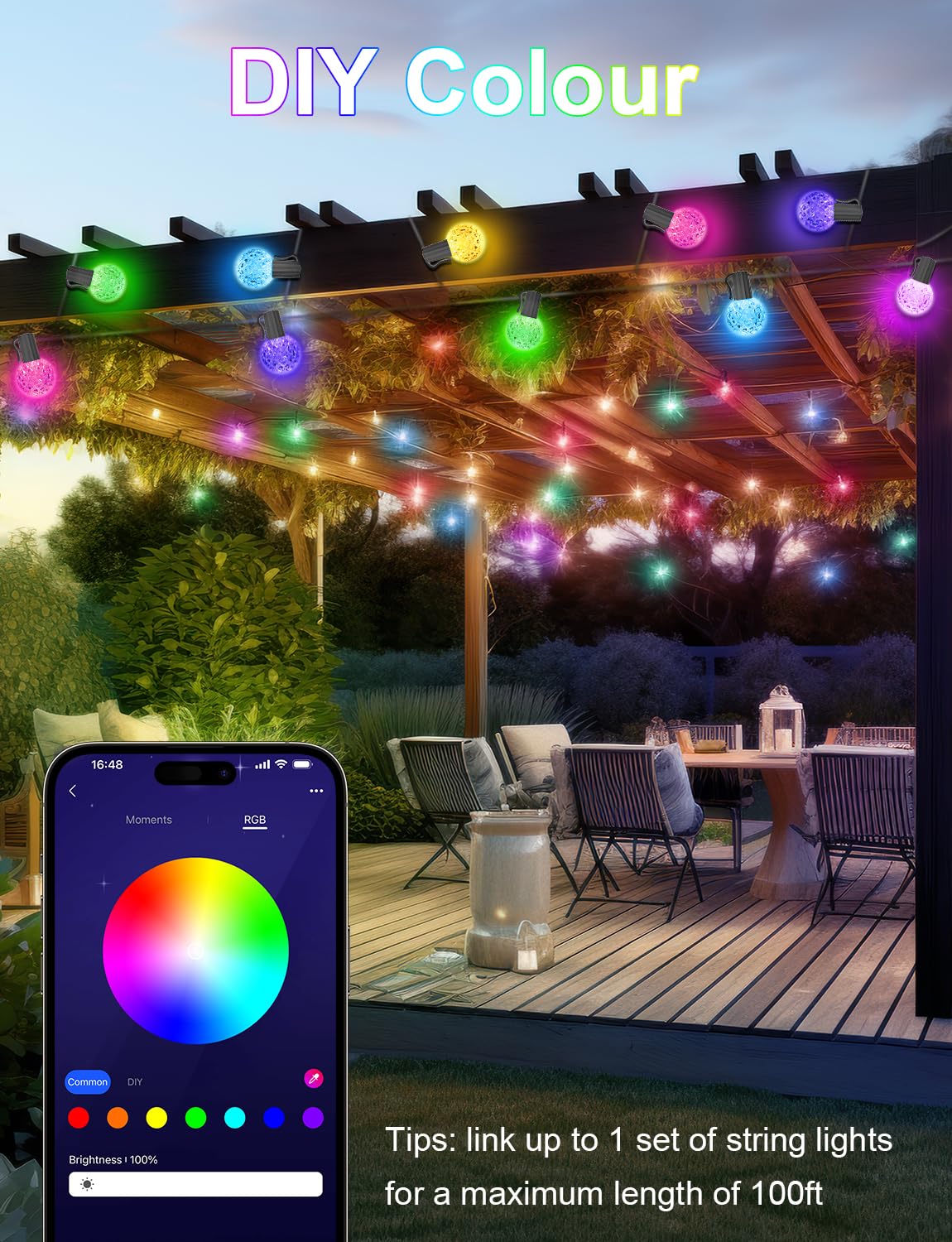 Ikery Rgb Outdoor String Lights 50Feet，Usb 5V G40 Globe Led Patio Lights With 25 Dimmable Led Bulbs, Remote+App Control，Waterproof Hanging Lights For Backyard Porch Balcony Party Decor Christmas