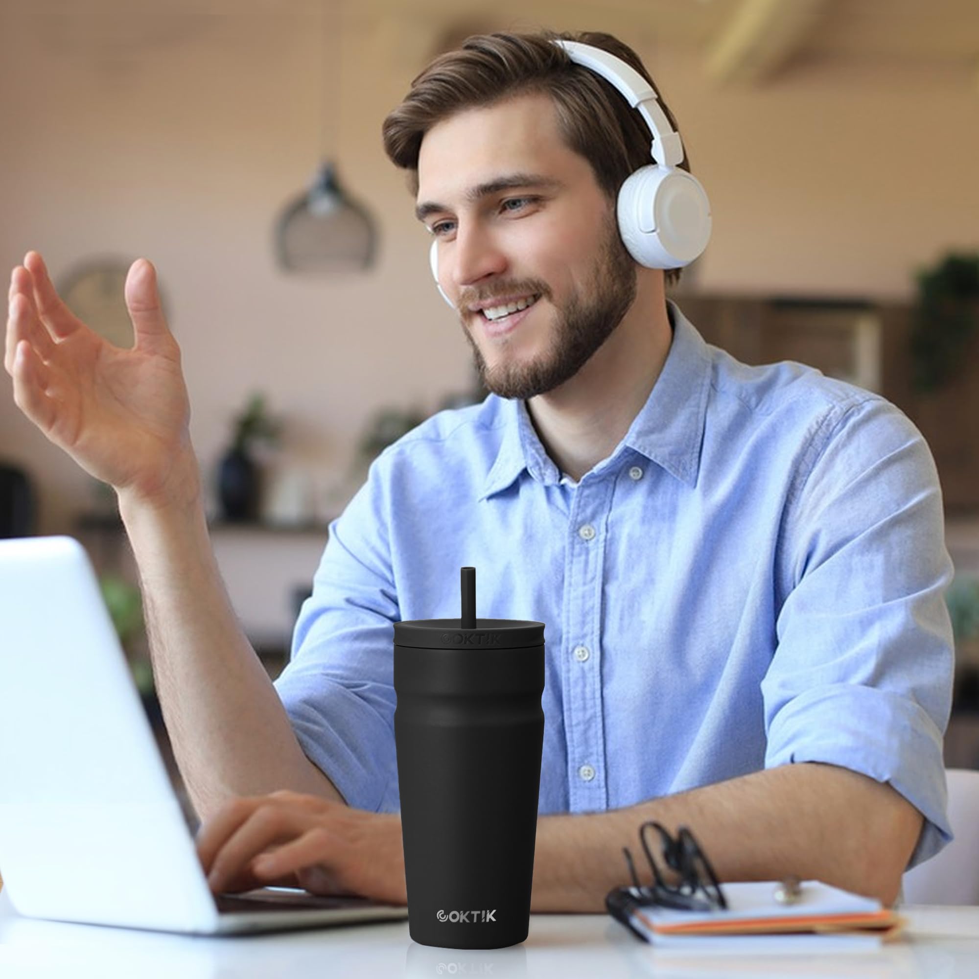Coktik 20Oz Insulated Tumbler With Lid And Straw 2 Lids (Straw/Flip) Iced Coffee Cup Reusable Stain