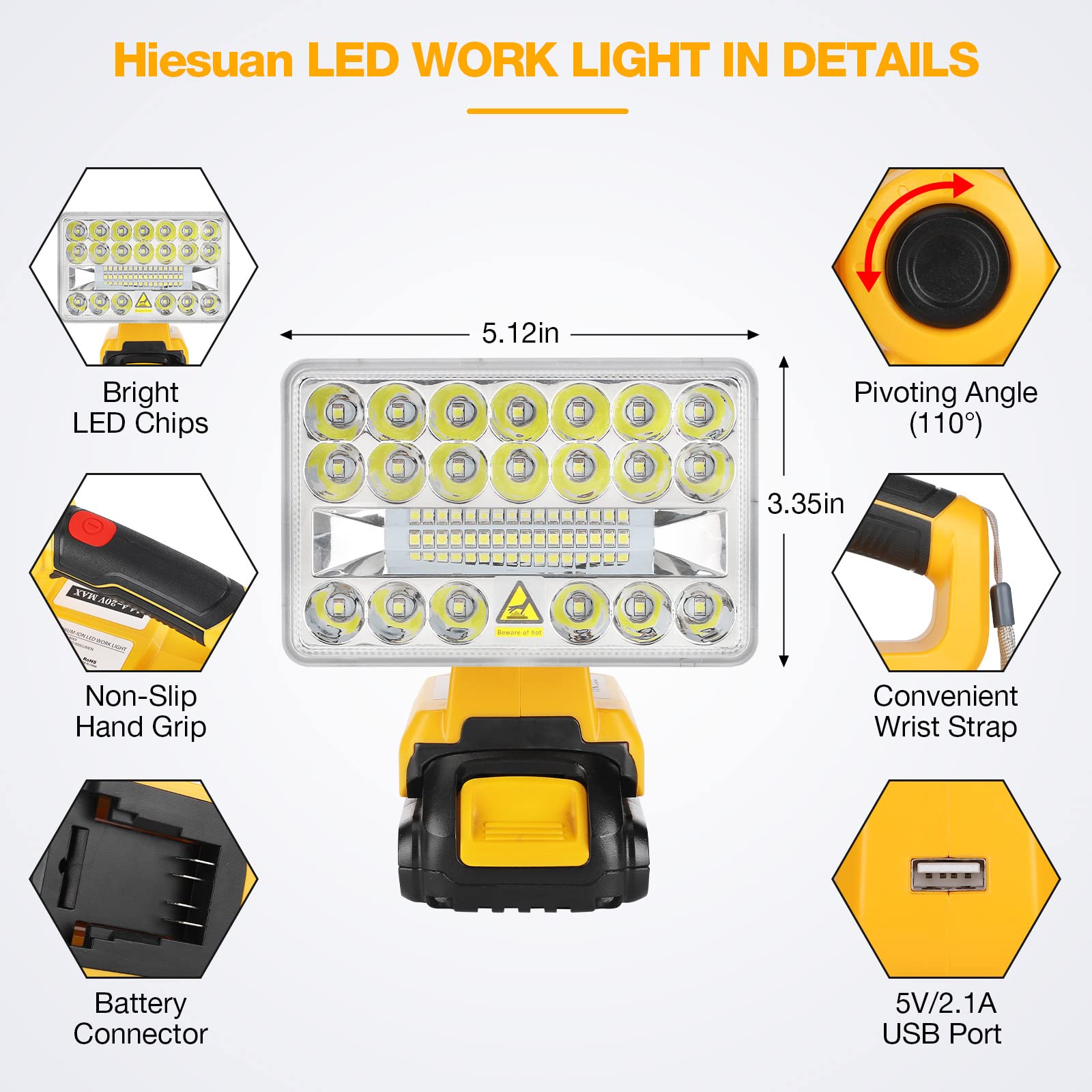 Hiesuan Led Work Light For Dewalt 20V Battery, 18W 2000Lm Flashlight Spotlight Portable Outdoor Light With 5V 2.1A Usb Port For Repairing, Garage, Camping, Jobsite