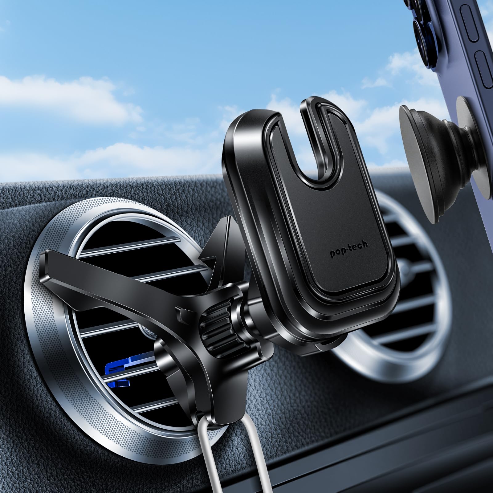 Pop-Tech Car Vent Phone Mount: Cell Phone Holder For Thicker Socket Grip & Iphone 16 15 Samsung Case Magsafe Card Holder, Universal Hook Clip Mount For Round/Horizontal/Vertical Air Vent (Black)