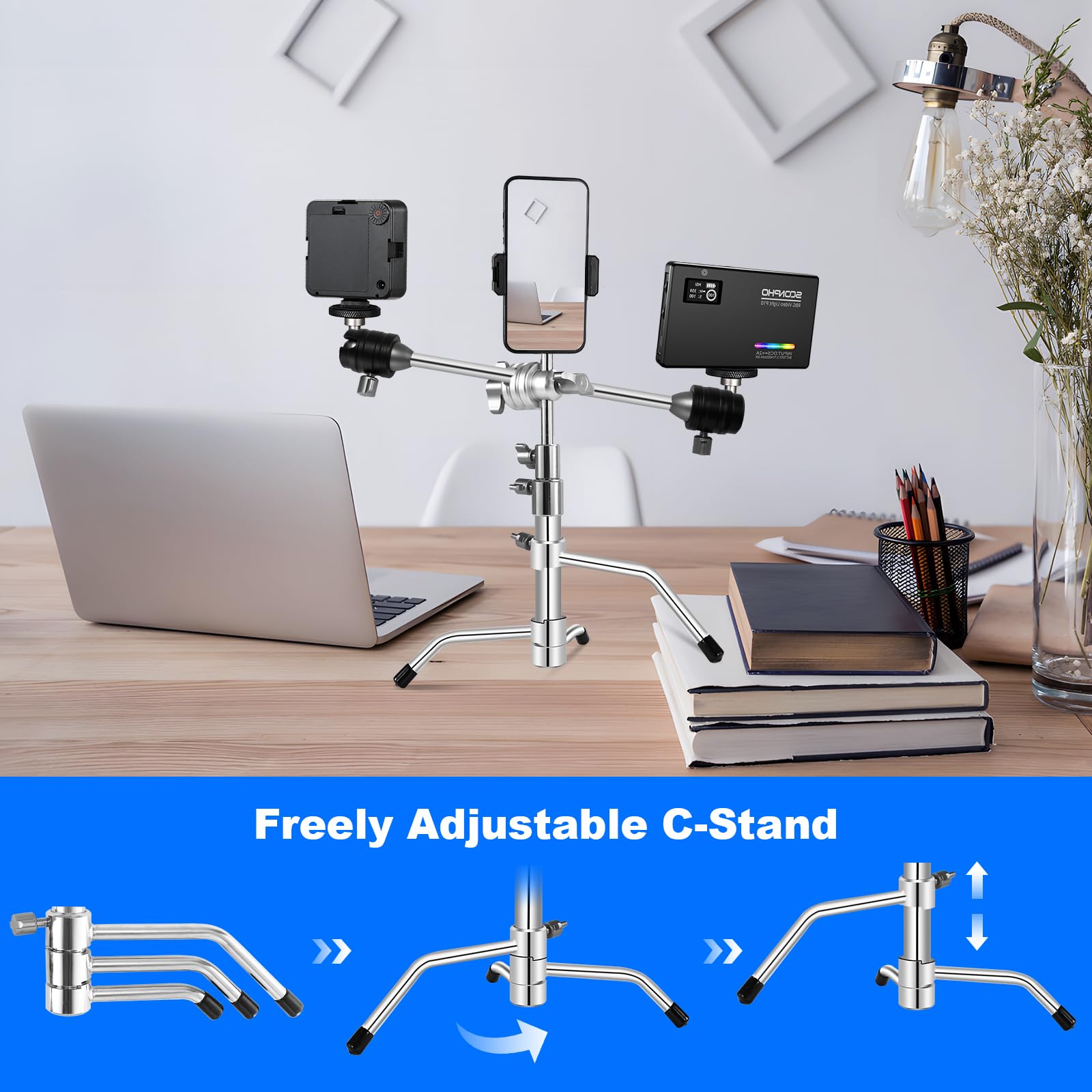 Godox Soonpho Mini Tripod With Boom Arm & Ball Head, 11-20In Adjustable Table Top Light Stand With 13In Holding Arm For Youtube&Tik Tok, Compatible For Camera, Phones, Ring Light And Led Video Light Panel