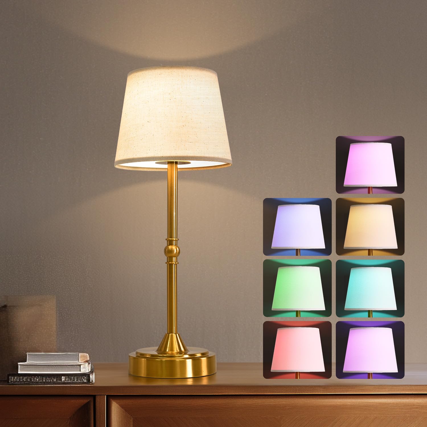 Oneach 16" Portable Cordless Led Table Lamp, Rechargeable Battery Powered Lamp, 3 Color Temperatures And 7 Rgb Colors, Patio Table Lamp, Ambient Light For Restaurant, Bedroom, Gold
