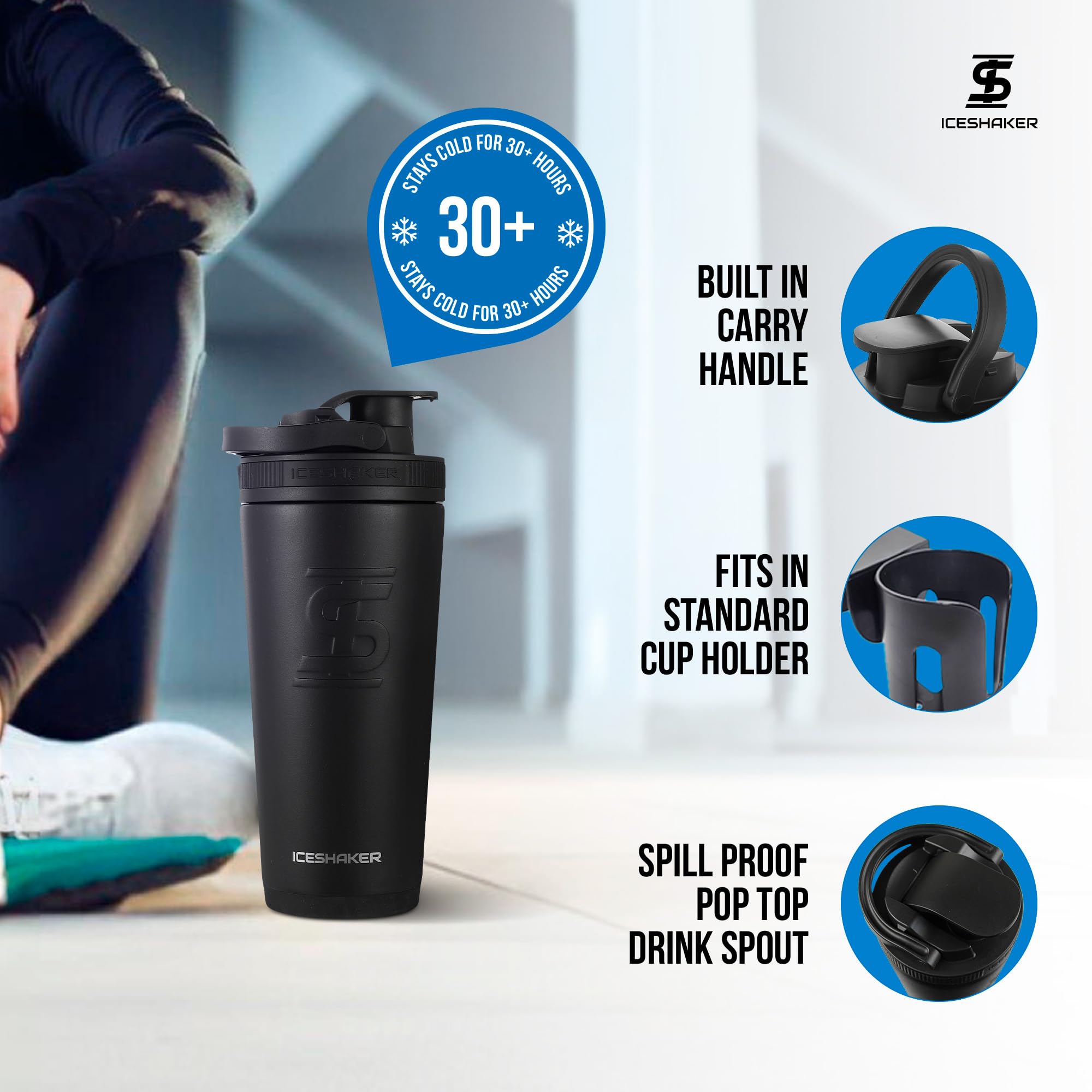 Ice Shaker Insulated Stainless Steel Shaker Bottle  26Oz, Black  Cold For 30+ Hours