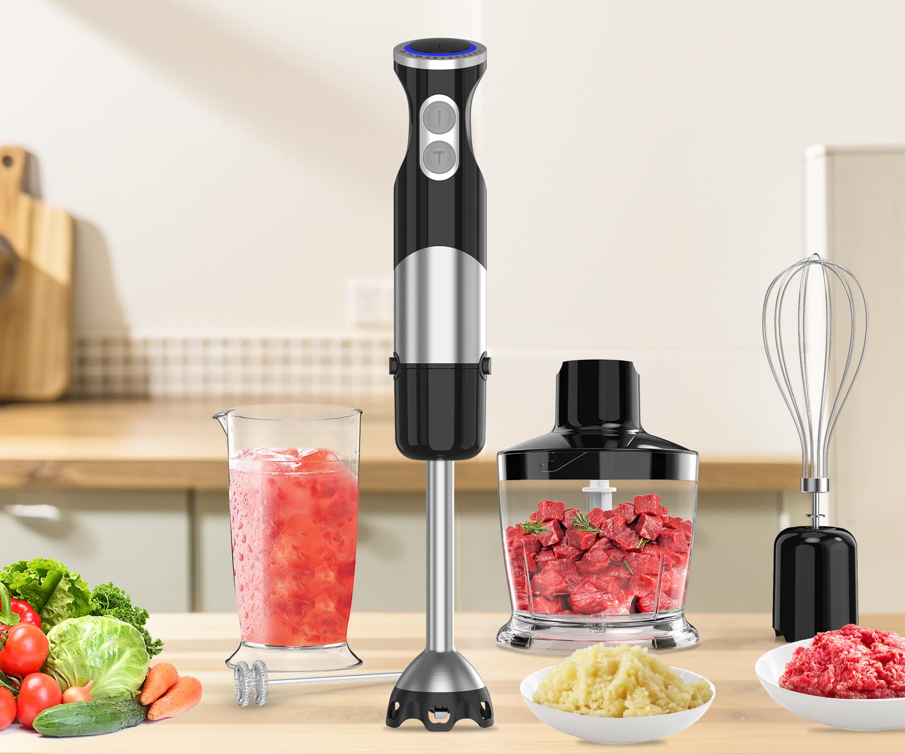 Ceukoz Immersion Blender Handheld 5 In 1-1100W Scratch Resistant Blender Stick, 12 Speed And Turbo Boost Hand Blender With Chopper Beaker Whisk And Milk Frother For Milkshake Puree Smoothie Food