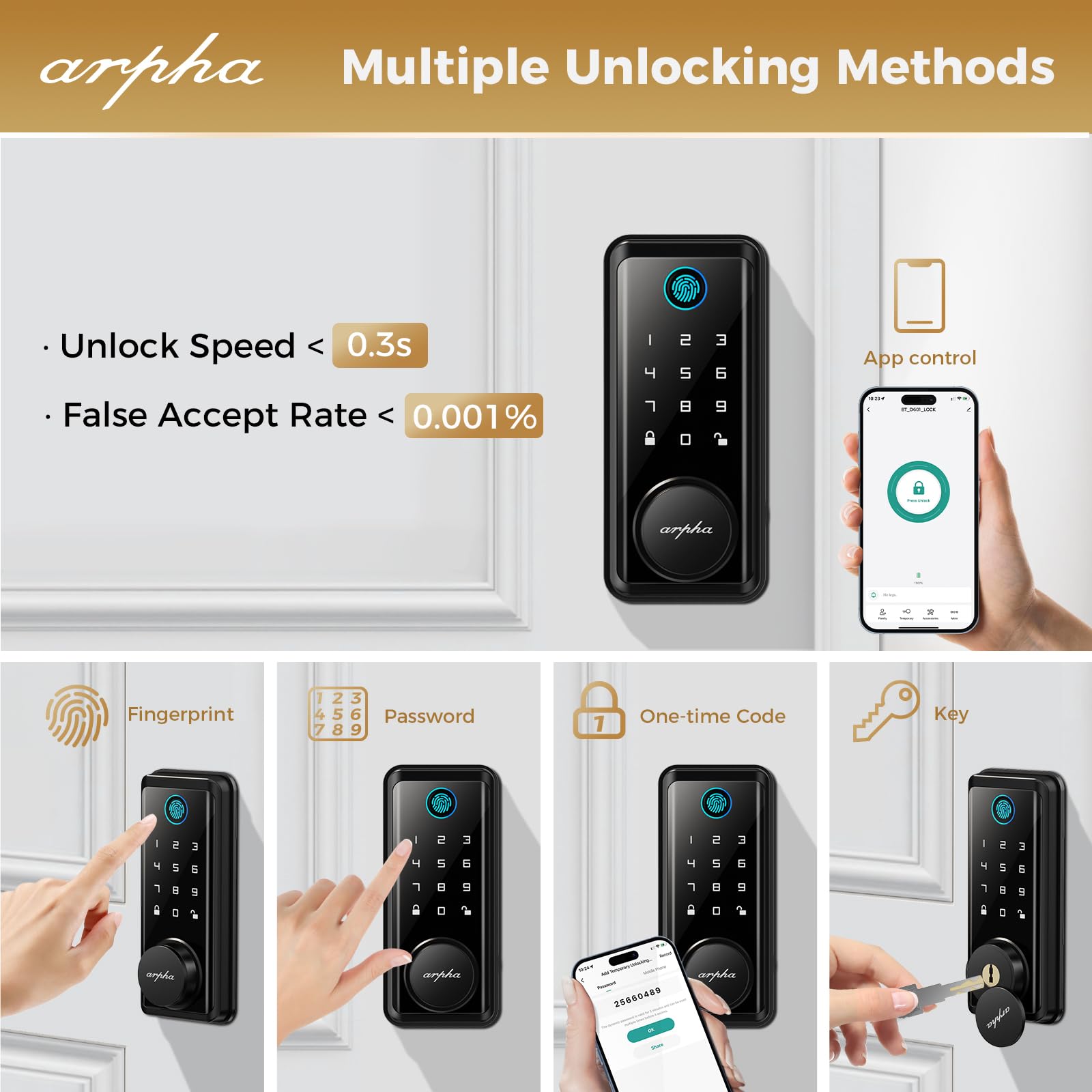 Arpha Fingerprint Keyless Entry Door Lock - 100 Code Electronic Keypad Deadbolt Lock - Smart Door Locks For Front Door - 16 Anti-Peeking Passwords App Remote Control - One Time Code - Zinc Alloy