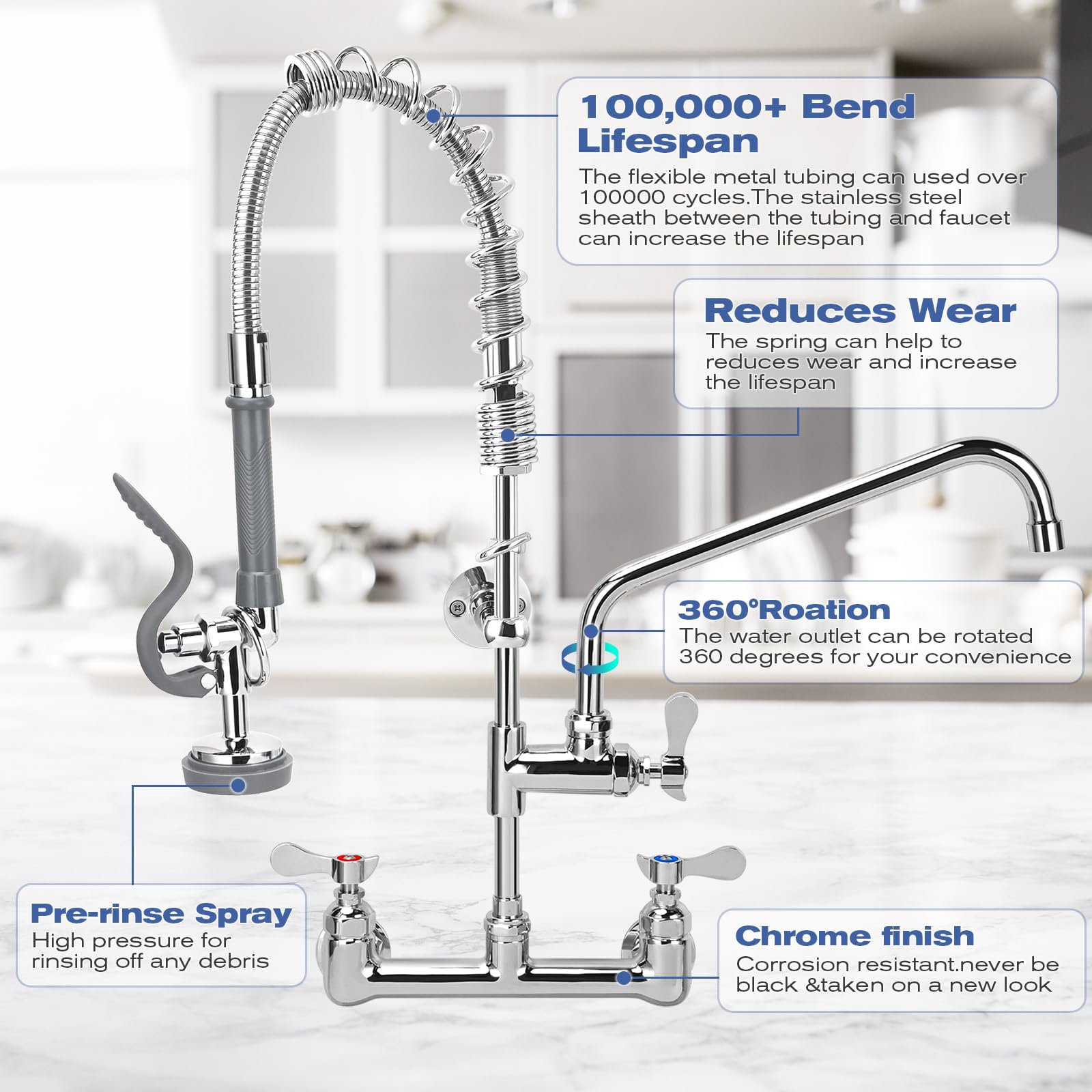 Pgkkle 25" Height Commercial Kitchen Faucet Wall Mount With Pre-Rinse Sprayer, 8 Inch Center Wall Mount Sink Faucet With 12" Swing Spout ，Commercial Sink Faucet For Commercial Restaurant Industrial Kitchen.