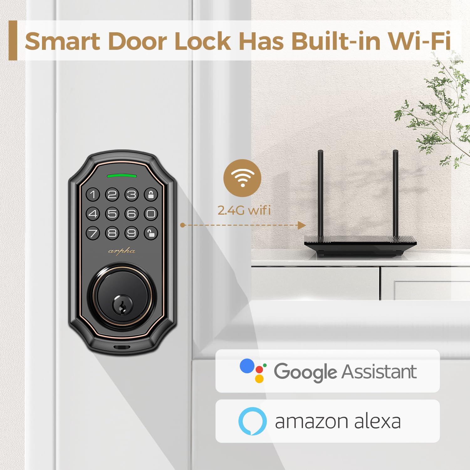 Arpha Keyless Entry Door Lock, Wifi Smart Keypad Front Door Deadbolt, Supports  Alexa Voice Control, Google Assistant, Online App Control, Anti-Peeping Password, One-Time Code, Auto Lock