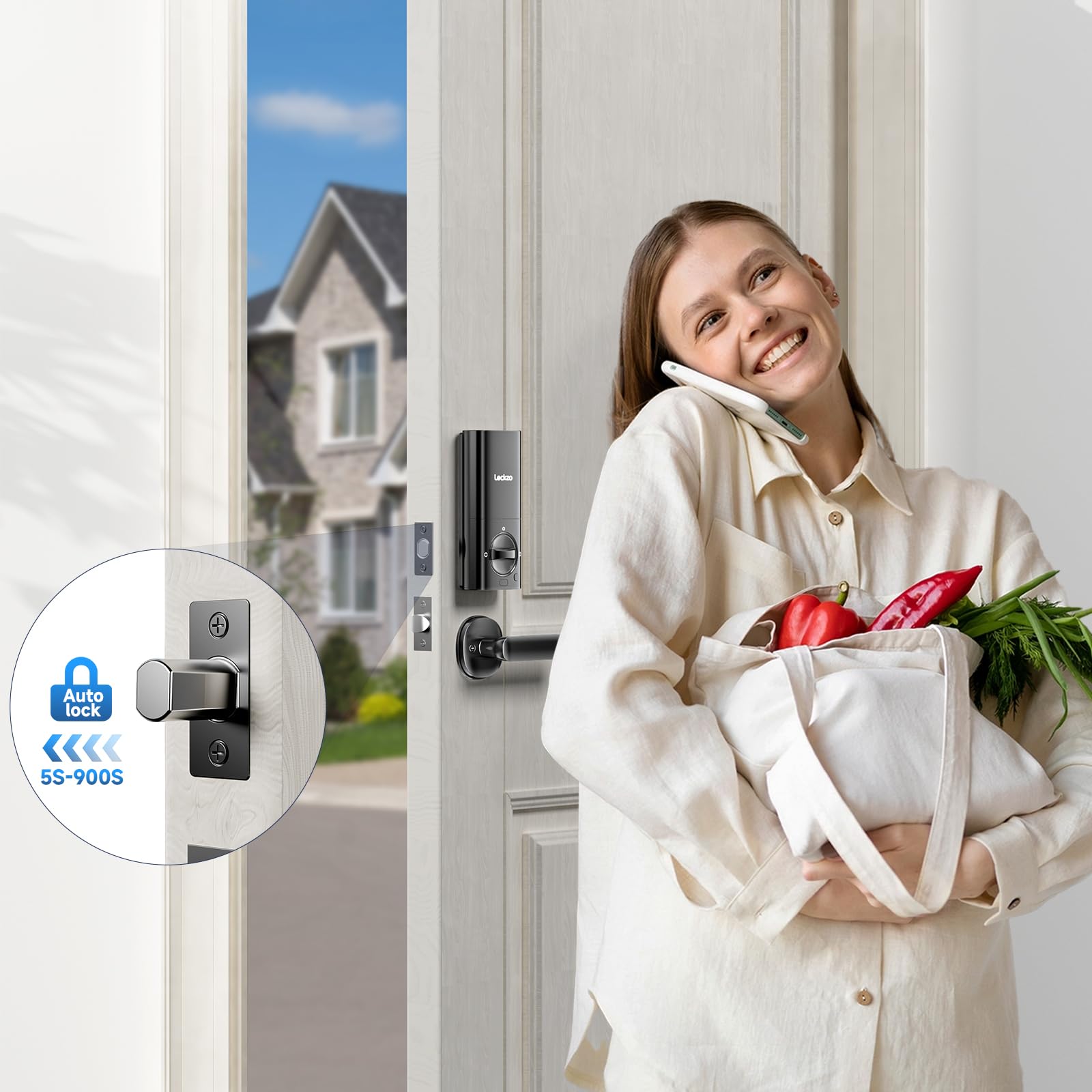 Lockzo Smart Door Lock With Handle, Keyless Entry Door Lock Deadbolt Handle Set, Built-In Wifi Deadbolt Smart Lock For Front, Fingerprint, Keypad Code, App Control, Voice Control