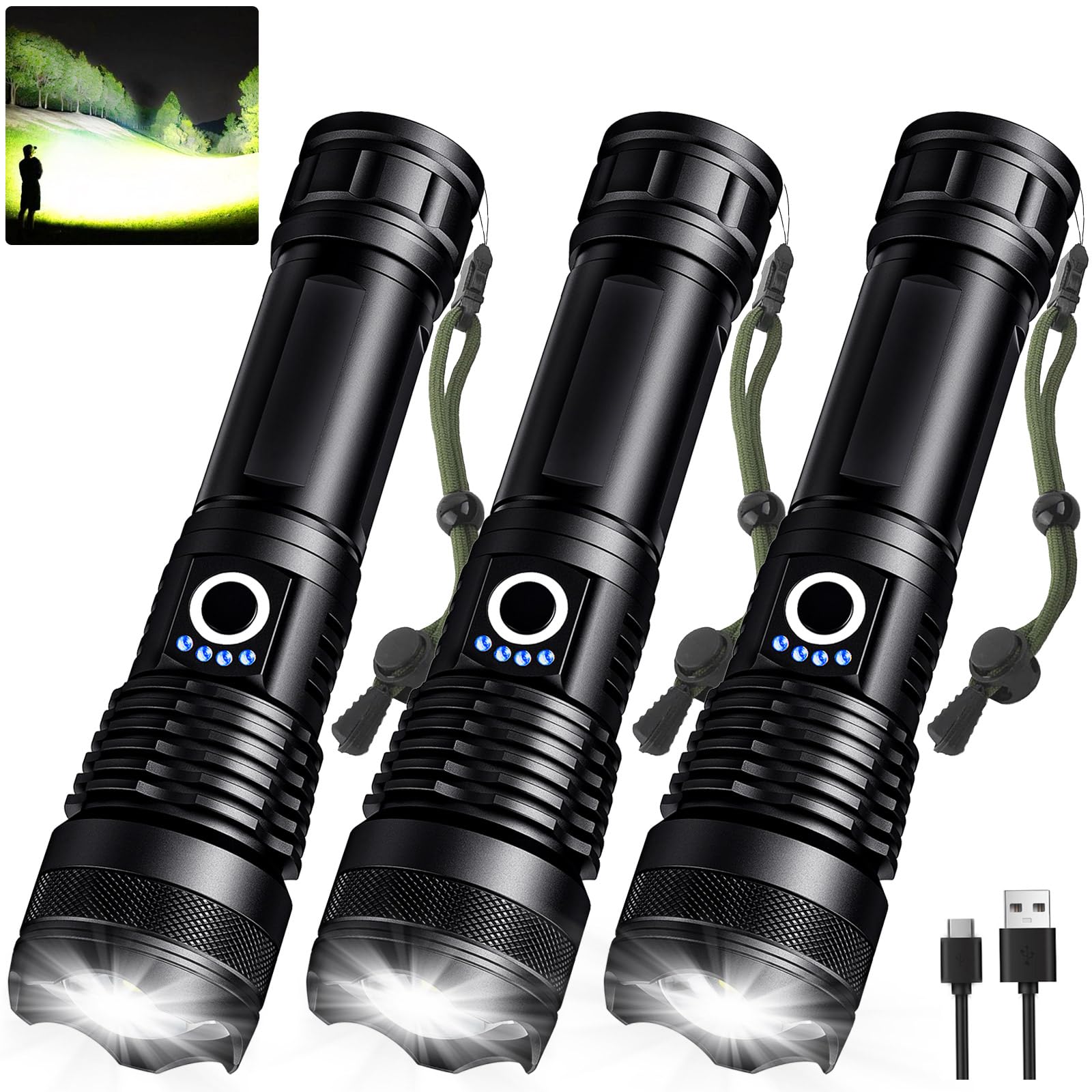 Mixilin 3 Pack Rechargeable Led Flashlights High Lumens, 990,000Lm Super Bright Flashlight, Adjustable 5 Modes Powerful Flash Light With Usb Cable, Waterproof Handheld Flashlight For Home Camping Emergencies