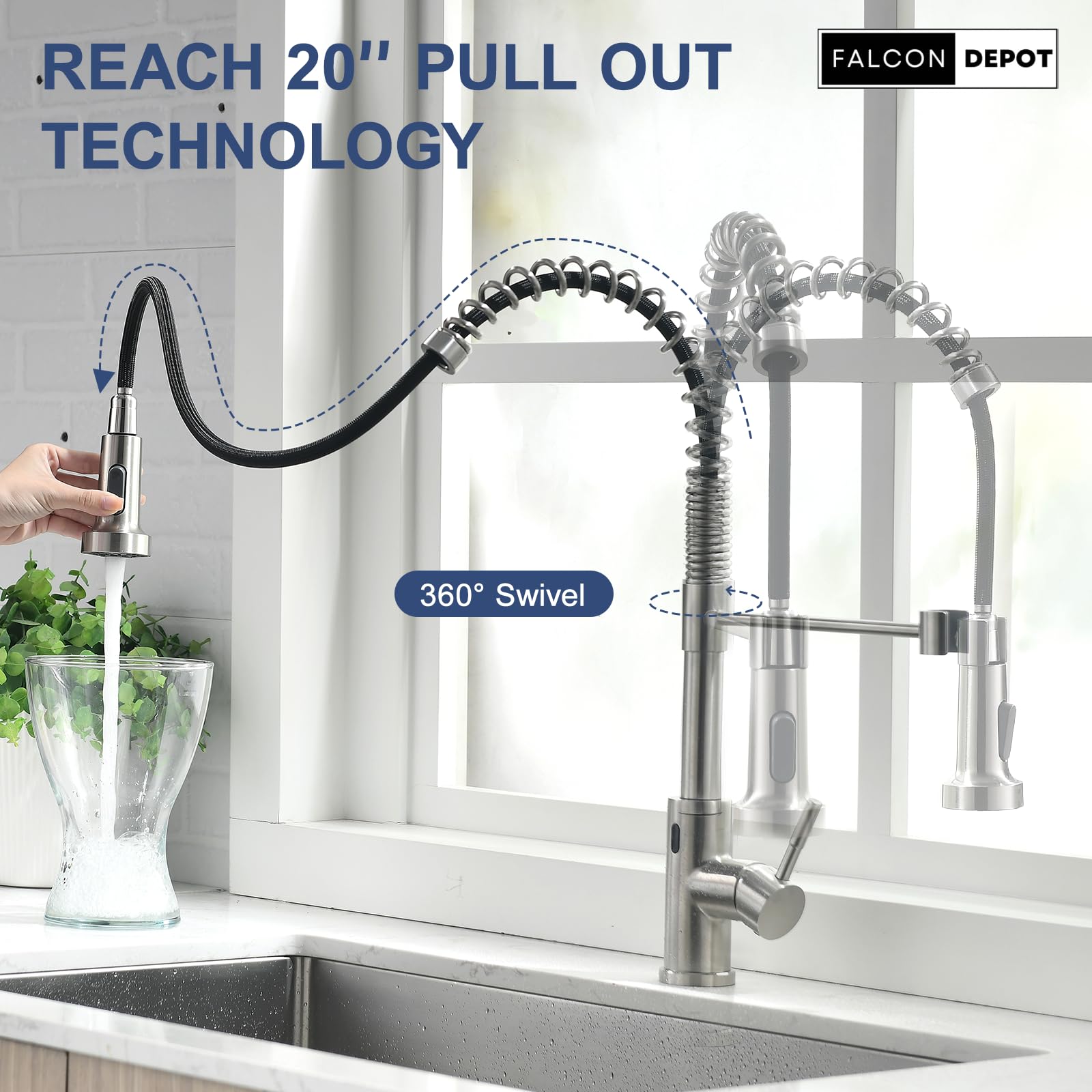 Falcon Depot Touchless Kitchen Faucet With Pull-Down Sprayer – Motion Sensor, Hands- Smart Activated Single-Hole Spring Faucet For Kitchen Sink – Brushed Nickel. 20" Inches Hight