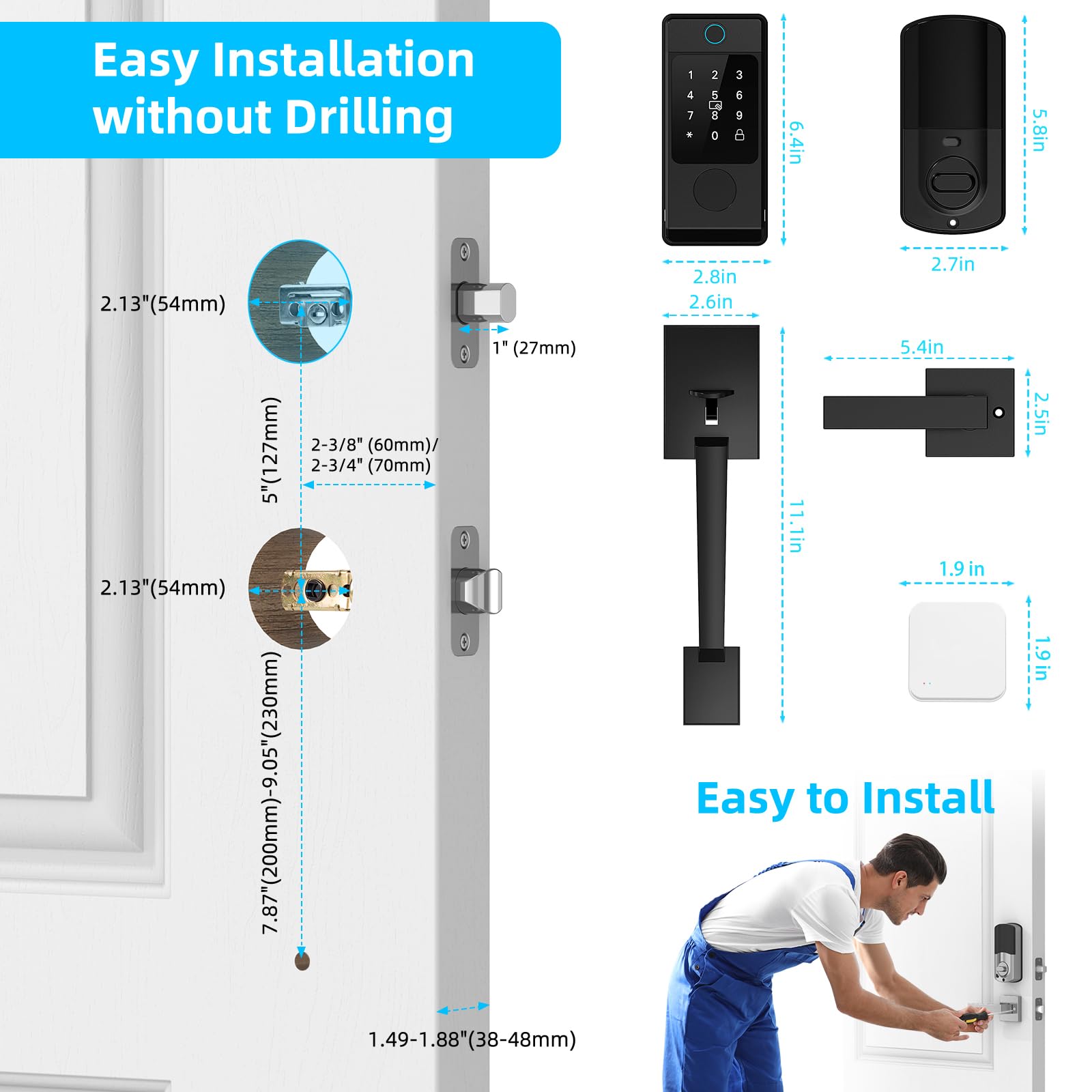 Miuedo Wifi Front Dook Locks Sets, Keyless Entry With Handlesets With Electronic Keypads, Biological Fingerprint Smart Deadbolt, Auto-Lock, Wi-Fi Acess, Gateway Included (Black)