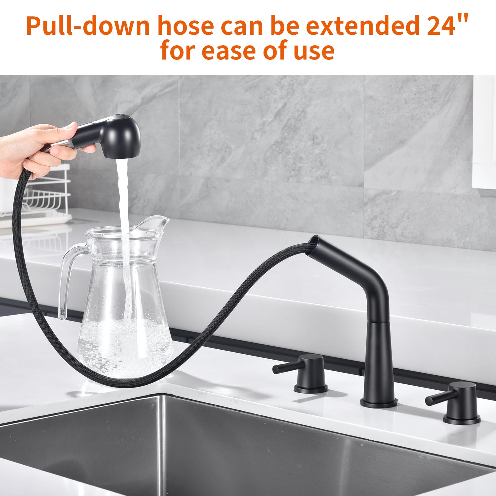 Rulia Kitchen Faucet, 2 Handles Kitchen Sink Faucet, 3 Holes Sink Faucet, Pull Out Kitchen Faucets, Bar Kitchen Faucet, Matte Black, Stainless Steel, Rb1065