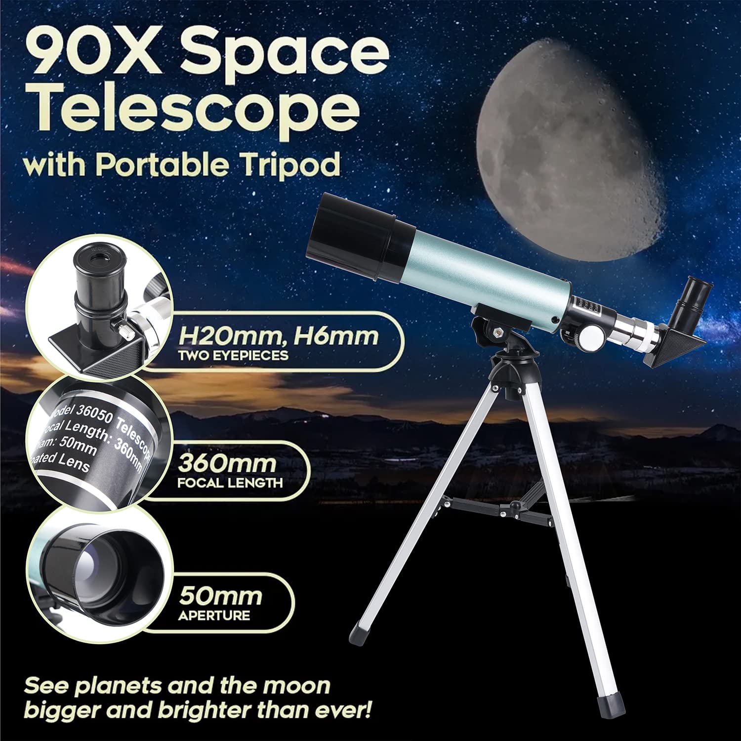 Mijiaowatch Kids Telescope - 360/50Mm 90X Zoom Hd Monocular Space Telescope With Tripod For Kids/Adult/Beginners (Blue)