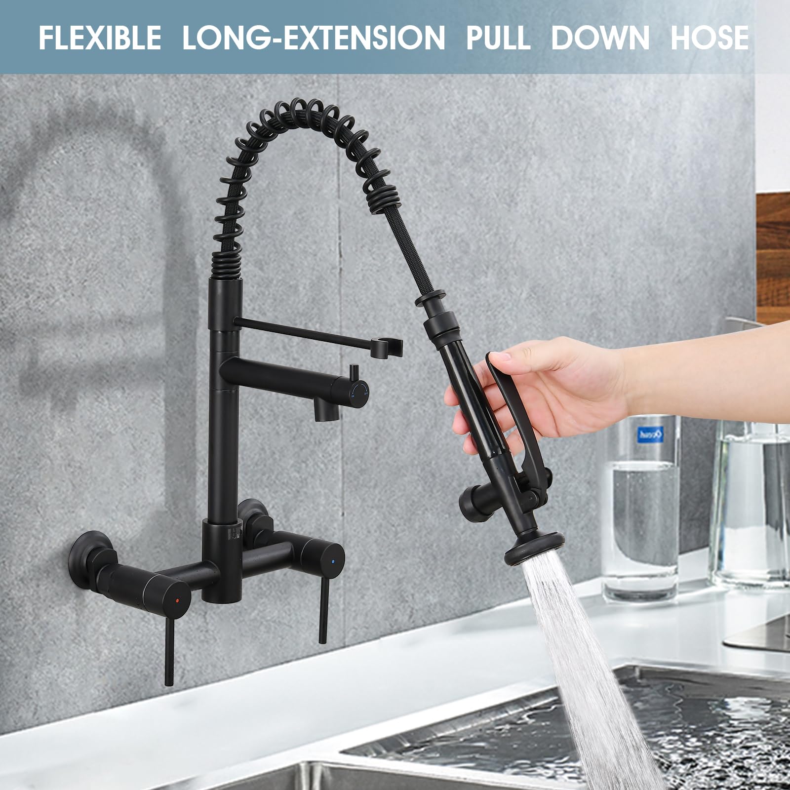 Demiinus Wall Mount Kitchen Faucet With Pull Down Sprayer, 8 Inch Center Kitchen Sink Faucet, Heavy-Duty Commercial Wall Mount Faucets, 2 Handle Faucet For Kitchen Sink, Matte Black