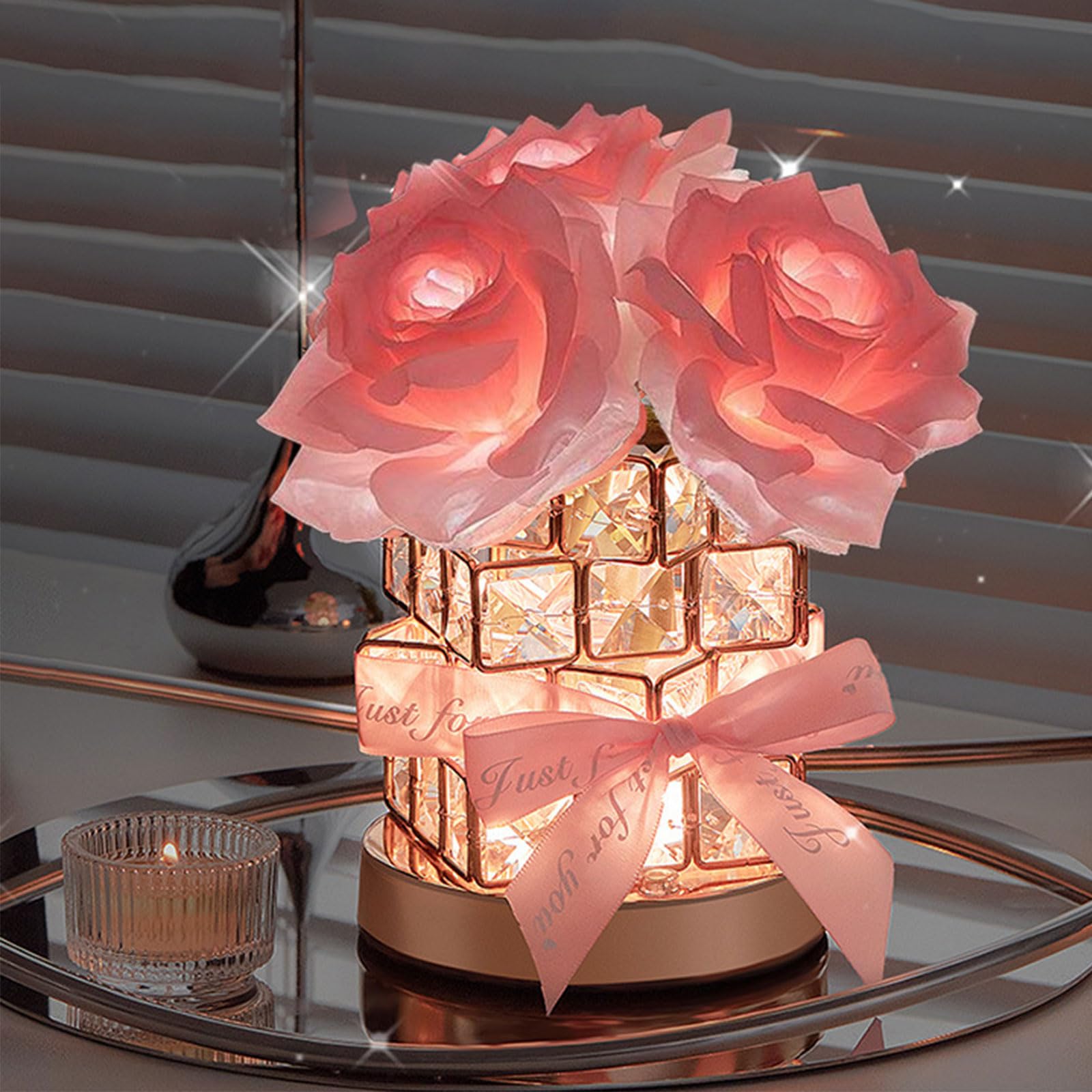 Lhydaooq Crystal Table Lamp, Rechargeable Cordless Rose Light 3 Colors Dimmable Flower Lamp, Romantic Led Rose Diamond Lamp For Bedroom Living Pink Room Decor, Valentine Birthday For Her