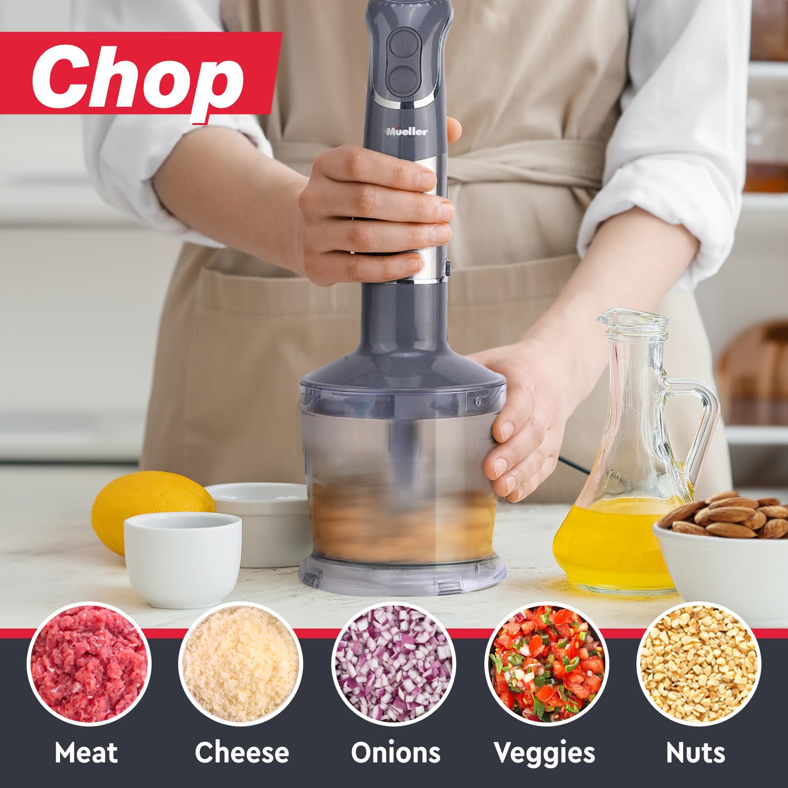 Mueller Multistick 800W 4-In-1 Immersion Blender Handheld, 12 Speed Hand Mixer Turbo Boost, Heaviest Duty Copper Motor, Titanium Blades Hand Blender, Milk Frother Wand, Whisk, Beaker, Chopper, Grey