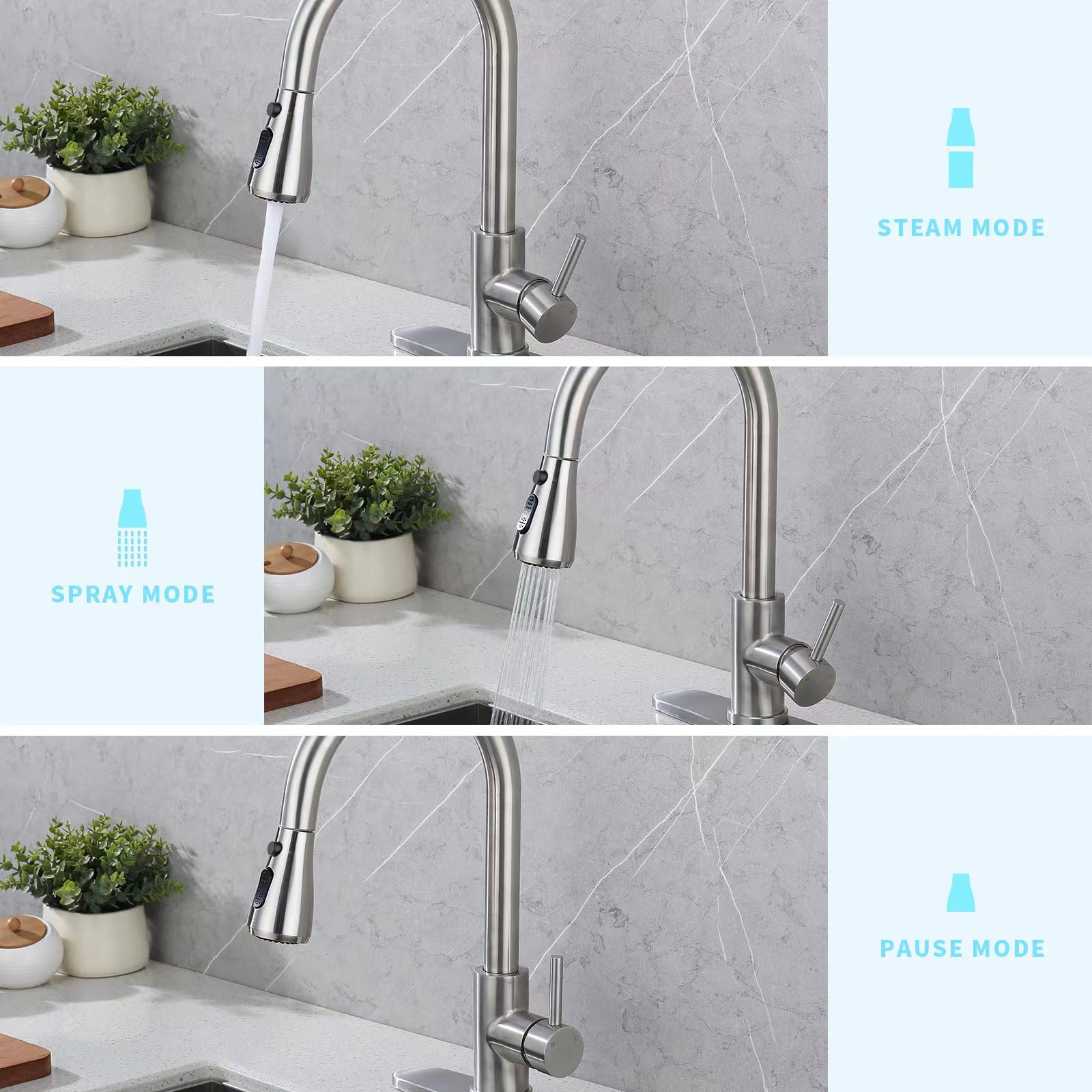 Mayyaya Kitchen Faucet With Pull Down Sprayer- Brushed Nickel Sink Faucets, 360° Swivel Single Handle High Arc Stainless Steel, Commercial Modern Kitchen-Faucets, 1/3 Hole, Deck Plate Included (3-Model)