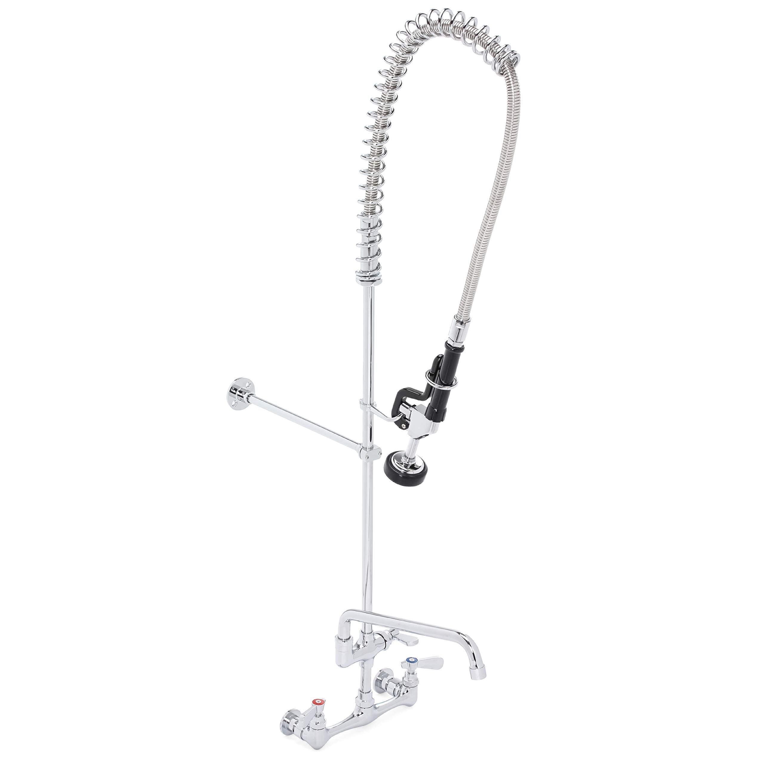 Durasteel Commercial Kitchen Wall Mount Pre-Rinse Faucet, 42" Height 8" Center With Coiled Spring Pull Down Sprayer And 12" Add-On Faucet, Brass Constructed Polished Chrome Body, 1 Set