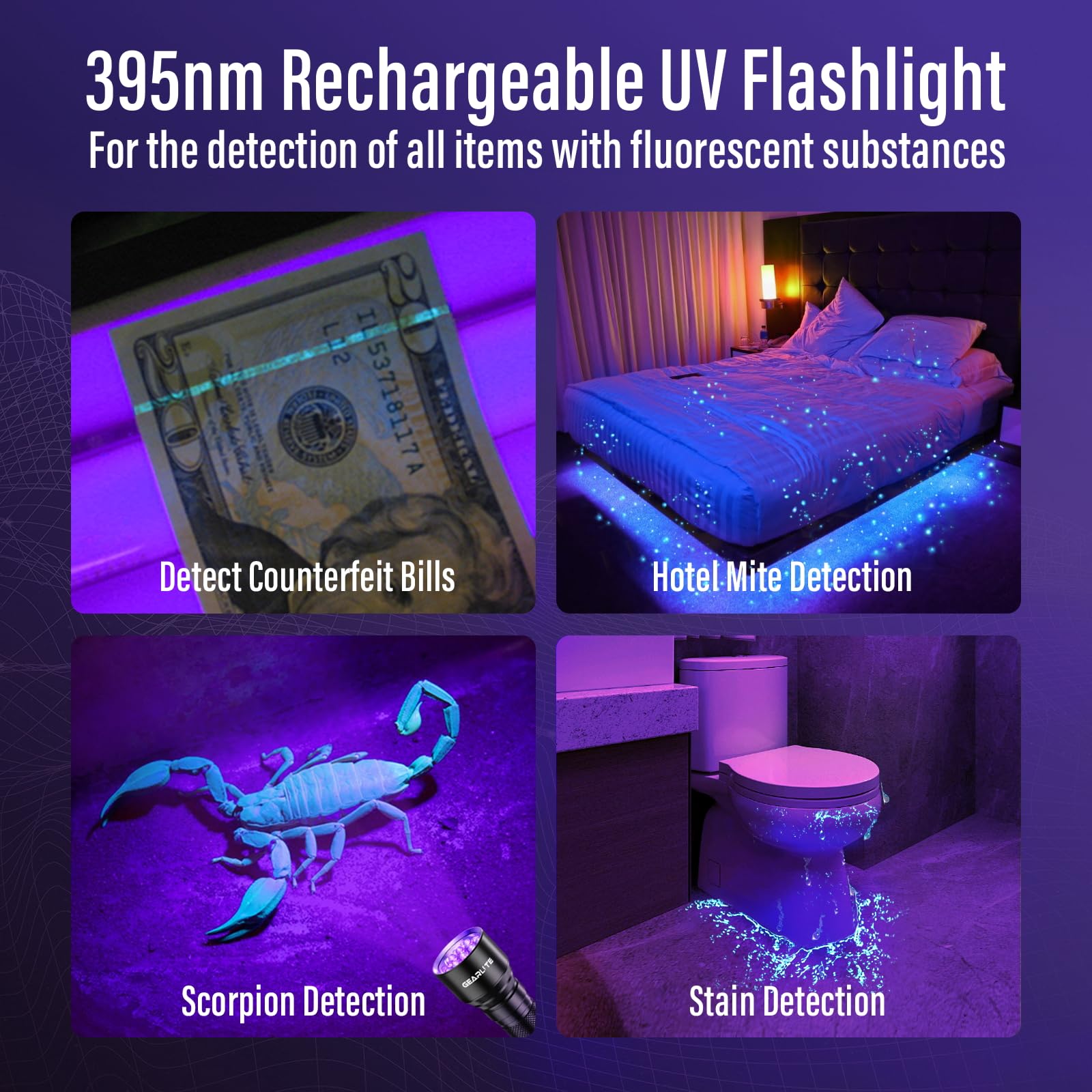 Rechoo Uv Flashlight Black Light, 21 Led 395Nm Ultraviolet Rechargeable Flashlights Uv Light, Waterproof Portable Blacklight Flashlights For Pet Urine Detection, Dry Stains, Bed Bug, Fluorescent Agent