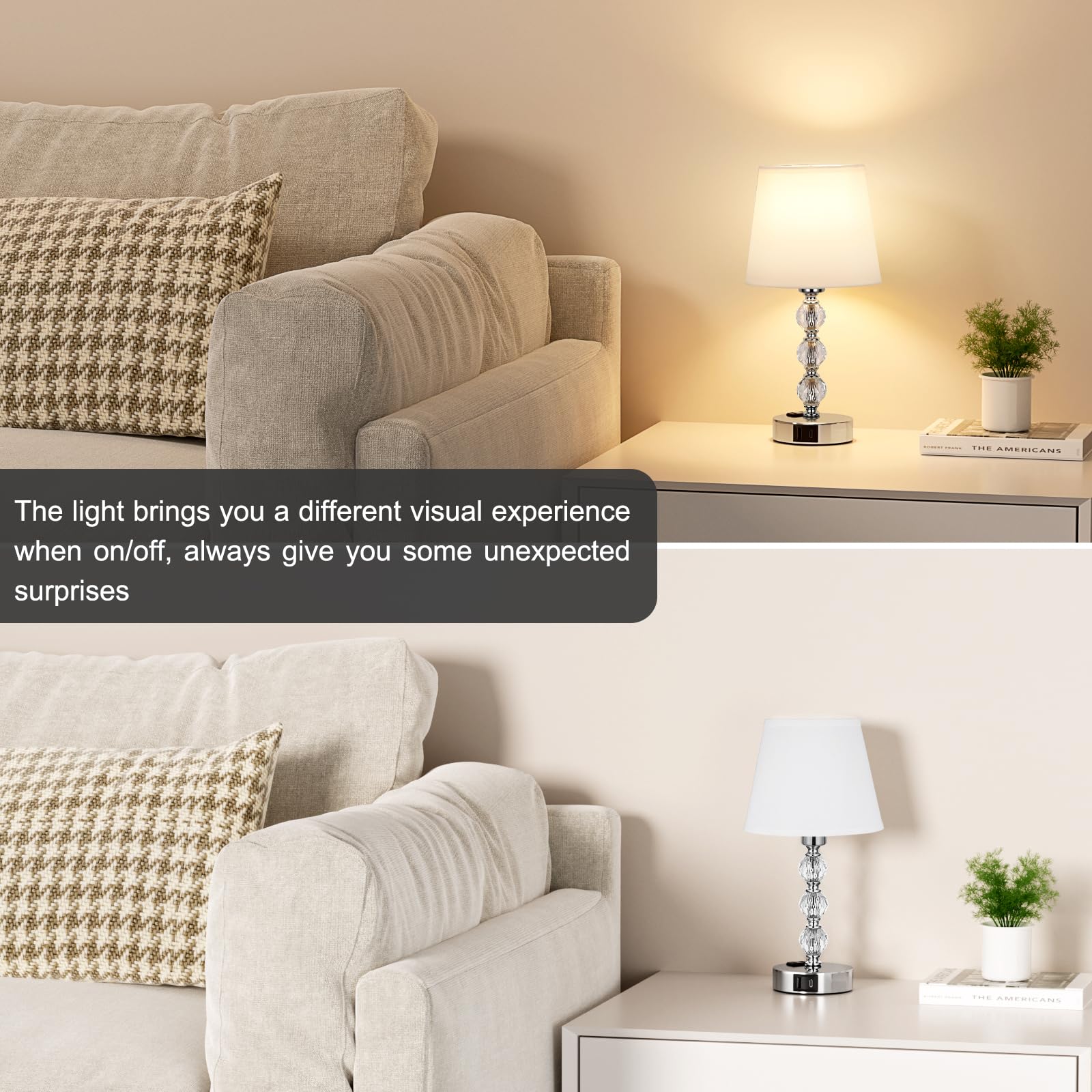 Acaxin 14.6'' Bedside Lamps For Bedrooms Set Of 2 - Mini Crystal Table Lamps With Usb A+C Charging Ports And Ac Outlet, 3 Way Dimmable Touch Control Silver Bed Side Nightstand Lamp