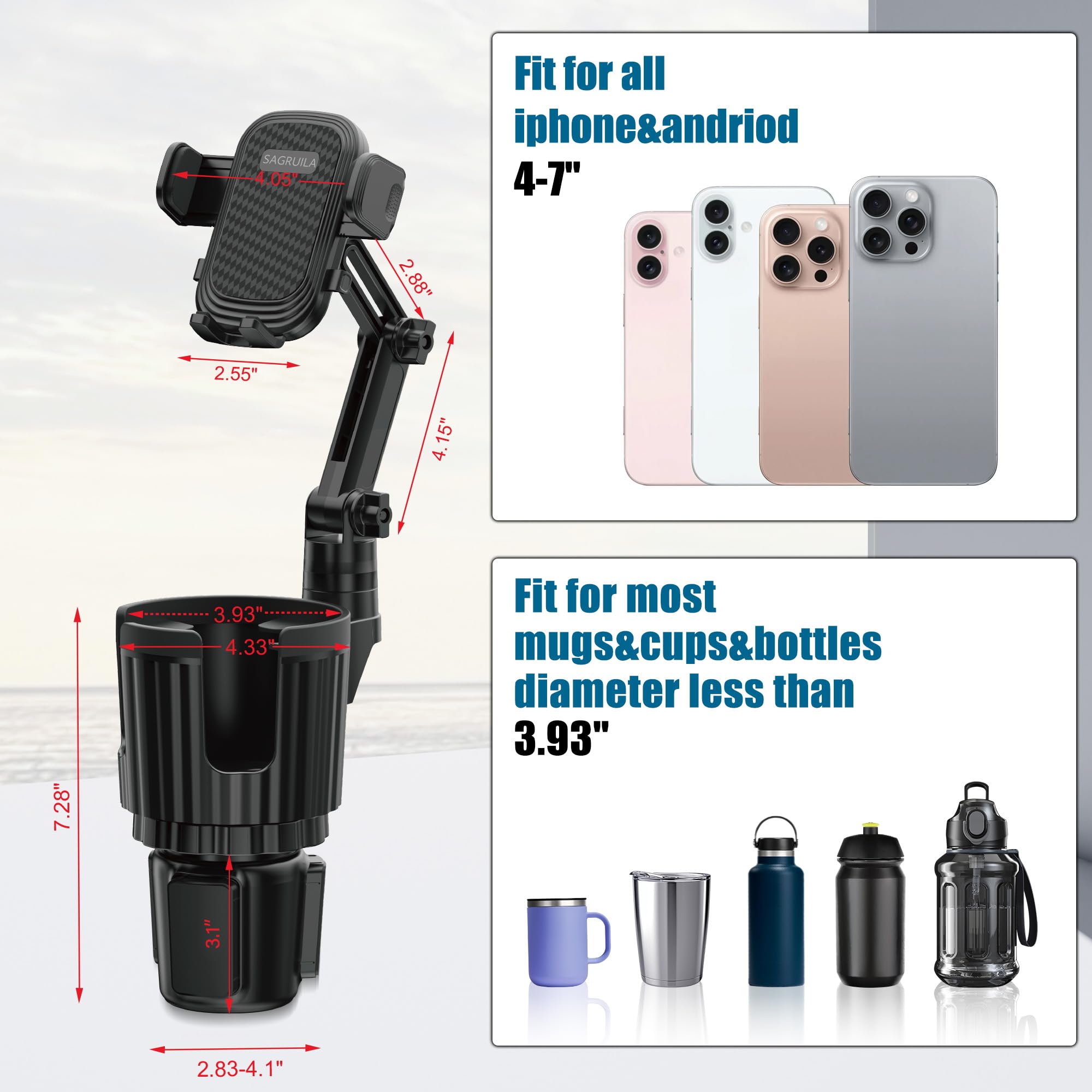 Sagruila Phone Holders For Your Car Cupholder, Car Cell Phone Mount With Cup Holder Expandable Base, 2 In 1 Car Phone Holder Mount, 360 Degree Rotating Neck, Fits All 4-7” Smartphones And Most Bottles, 1 Pack