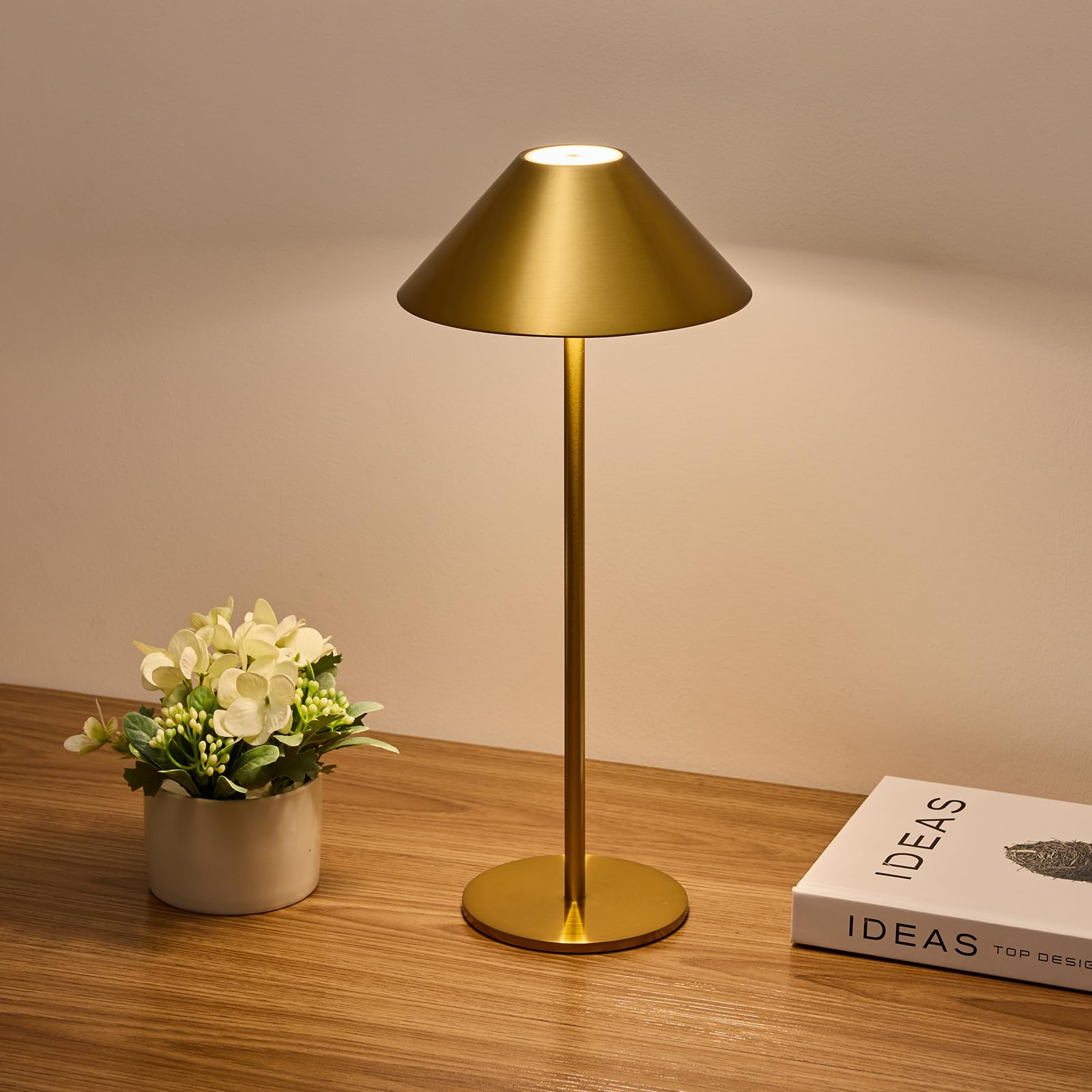Lalavon Cordless Table Lamp Gold, 3 Color Stepless Dimming Rechargeable Touch Lamp, Small Table Lamp Battery Operated Lamp For Home/Restaurant/Bedroom Lalavon
