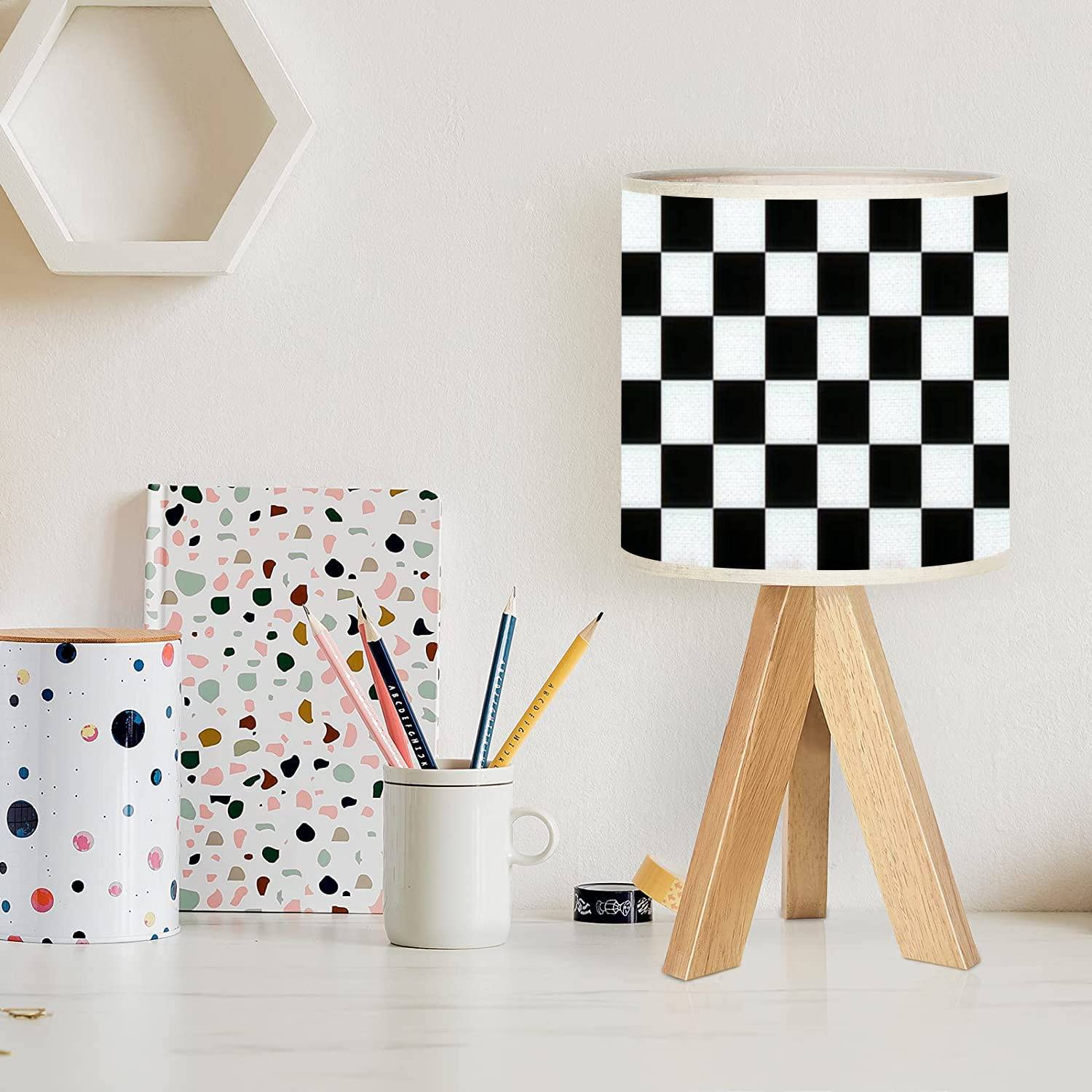 Oepwqiwepz Tripod Bedside Desk Table Lamp Black White Checkered Seamless Endless Racing Flag Texture Wood Nightstand Lamp With Linen Fabric Shade For Nursery Bedroom Living Room Kids Room