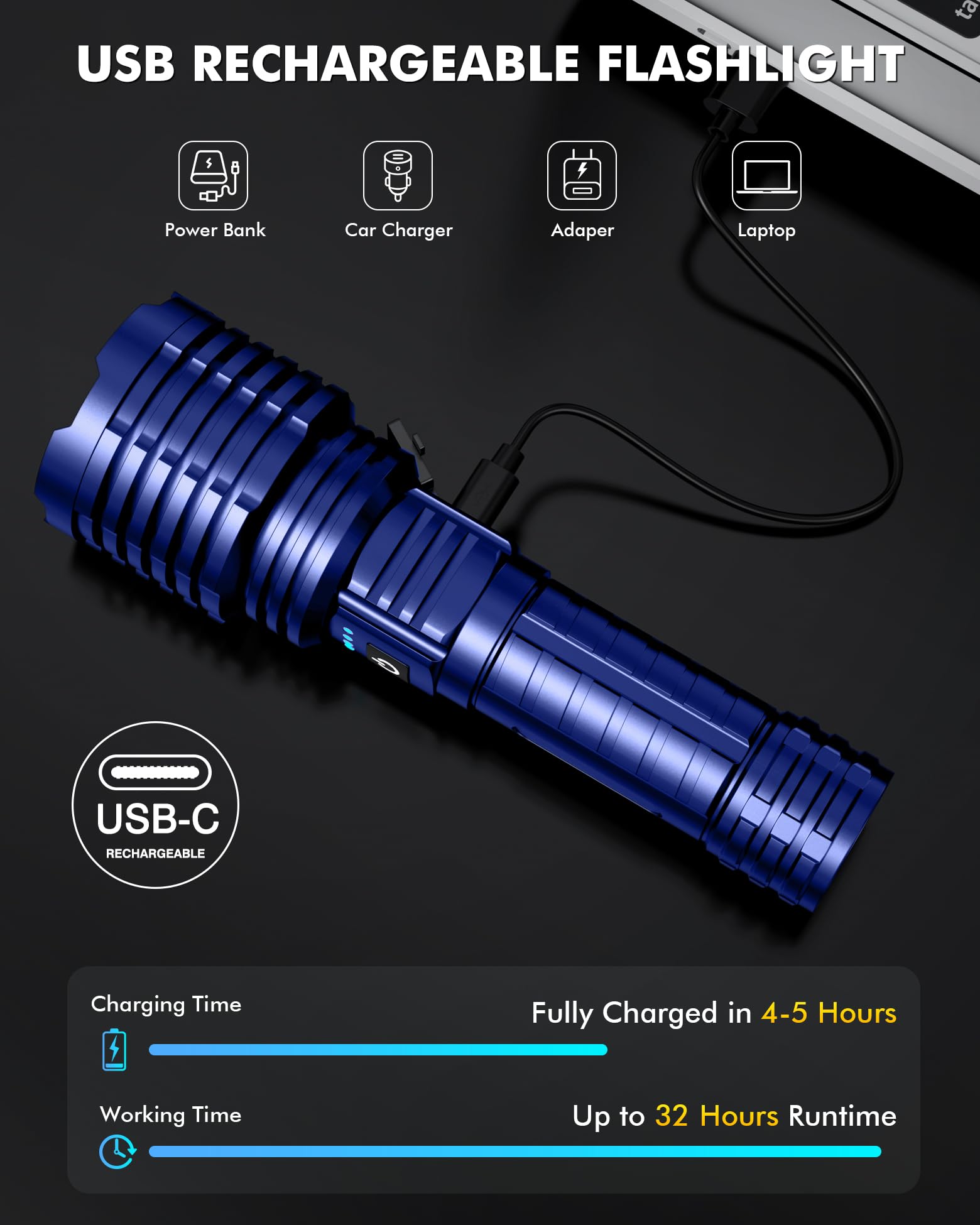 Baibian Super Bright Flashlight 2400000 High Lumens, Handheld Flashlight Rechargeable Powered By Battery, Led Waterproof Tactical Flashlights-Zoomable 5 Modes-31H Runtime-Holster For Emergency Camping (Blue)