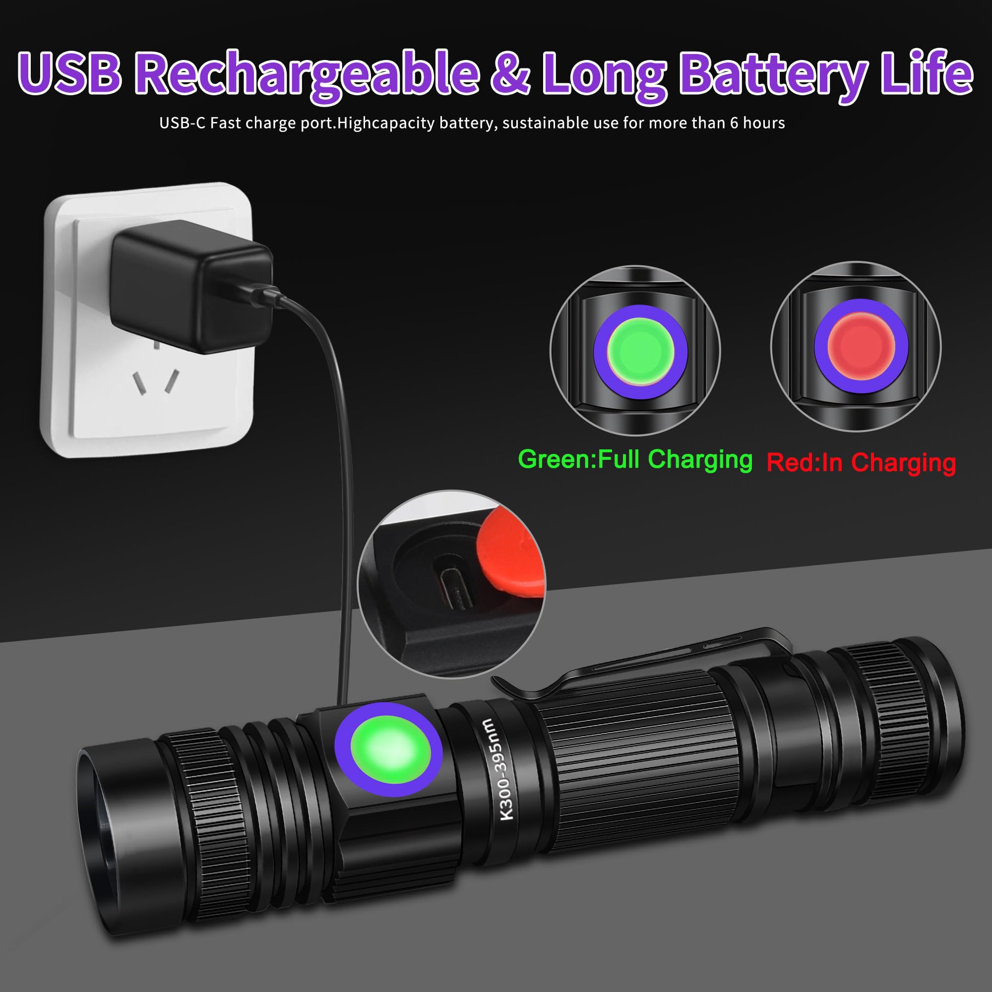 Vmtenmv Uv Flashlight Black Light Usb Rechargeable 395Nm Blacklight Mini, Woods Lamp Portable Handheld Powerful Led Ultraviolet Lights Flashlights, Focus Adjustable For Resin Curing, Pet Urine Detection