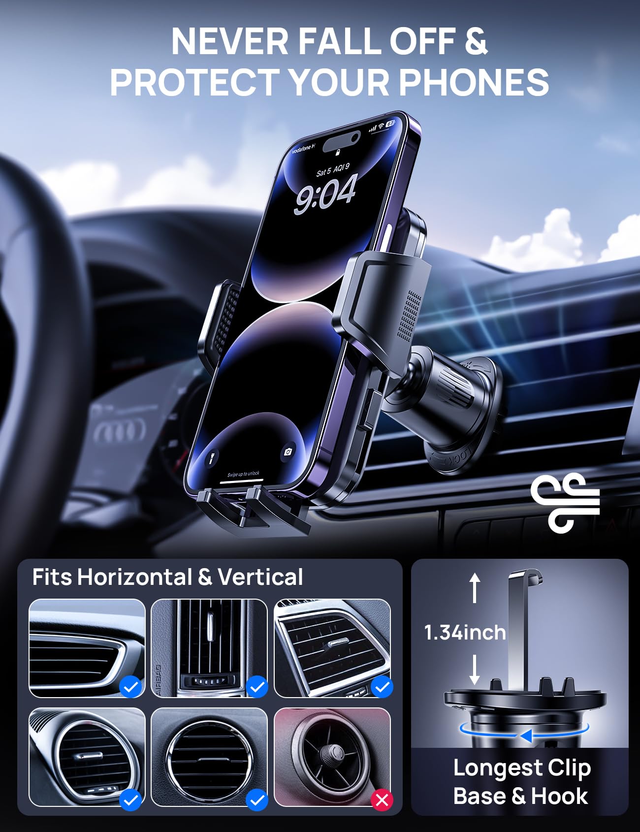 Guanda Technologies Co., Ltd. Car Phone Holder Mount For Air Vent, [Never Shake Hook Clip] 360° Adjustable Vent Clip, Compatible With Big Phones,Thick Cases, Phone Holders For Your Car–Fits Iphone, Samsung And Android