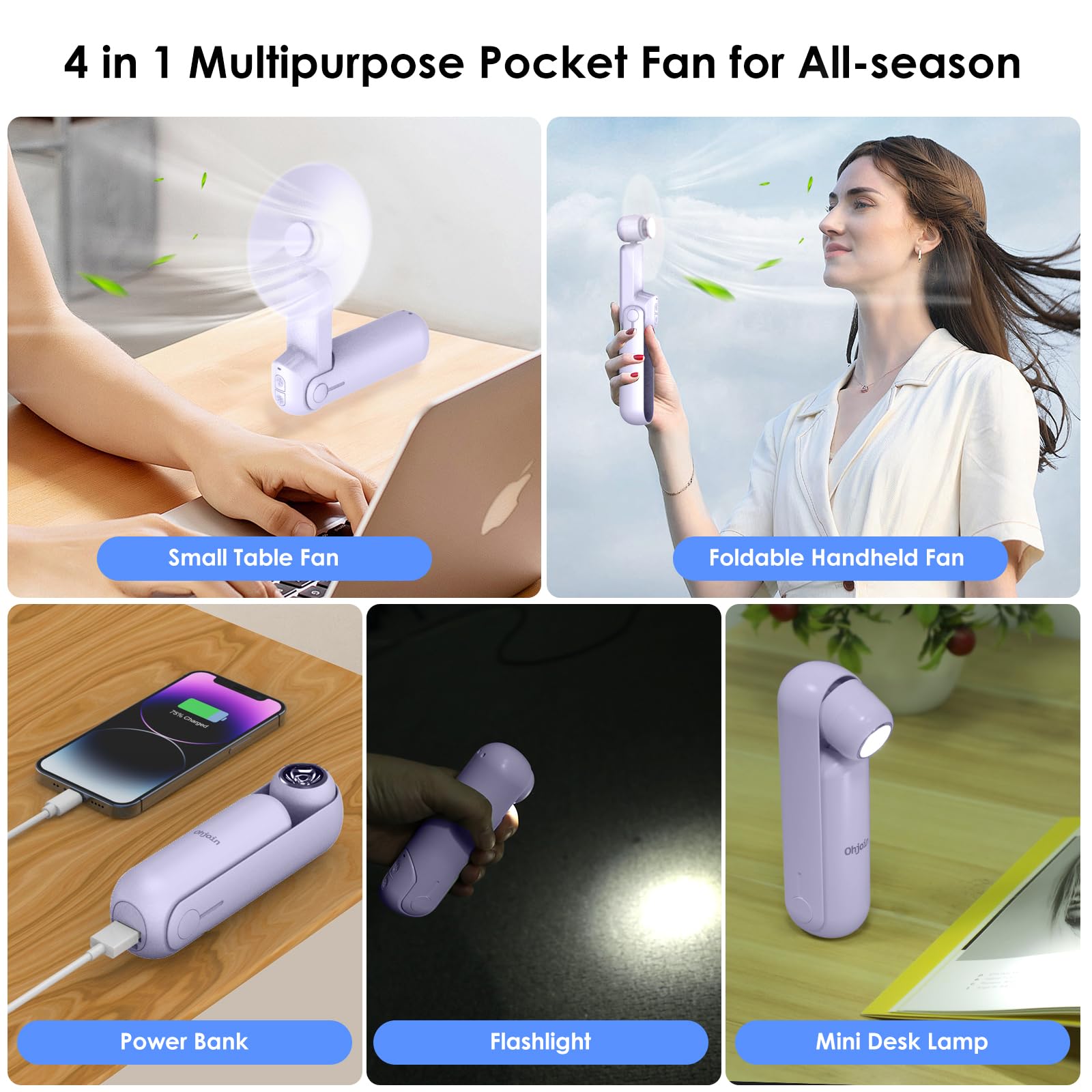 Mini handheld fan with power bank and foldable design, perfect for travel and outdoor events