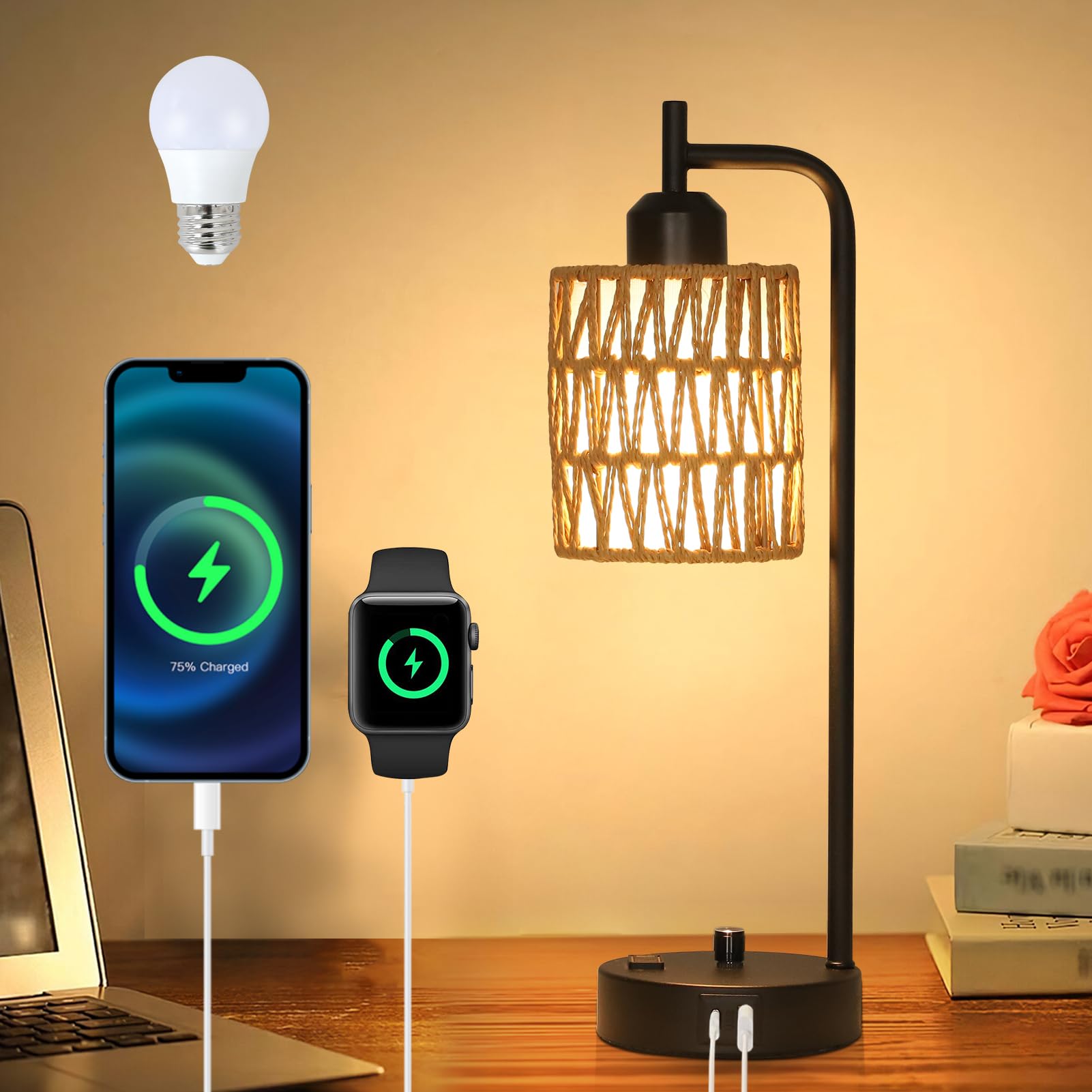 Stepeak Rattan Table Lamp, Boho Bedside Table Lamp For Bedroom With Led Bulb, Usb Charging Ports And Outlet, Farmhouse Nightstand Lamp With Woven Shade, Black Small Desk Lamp For Living Room Office