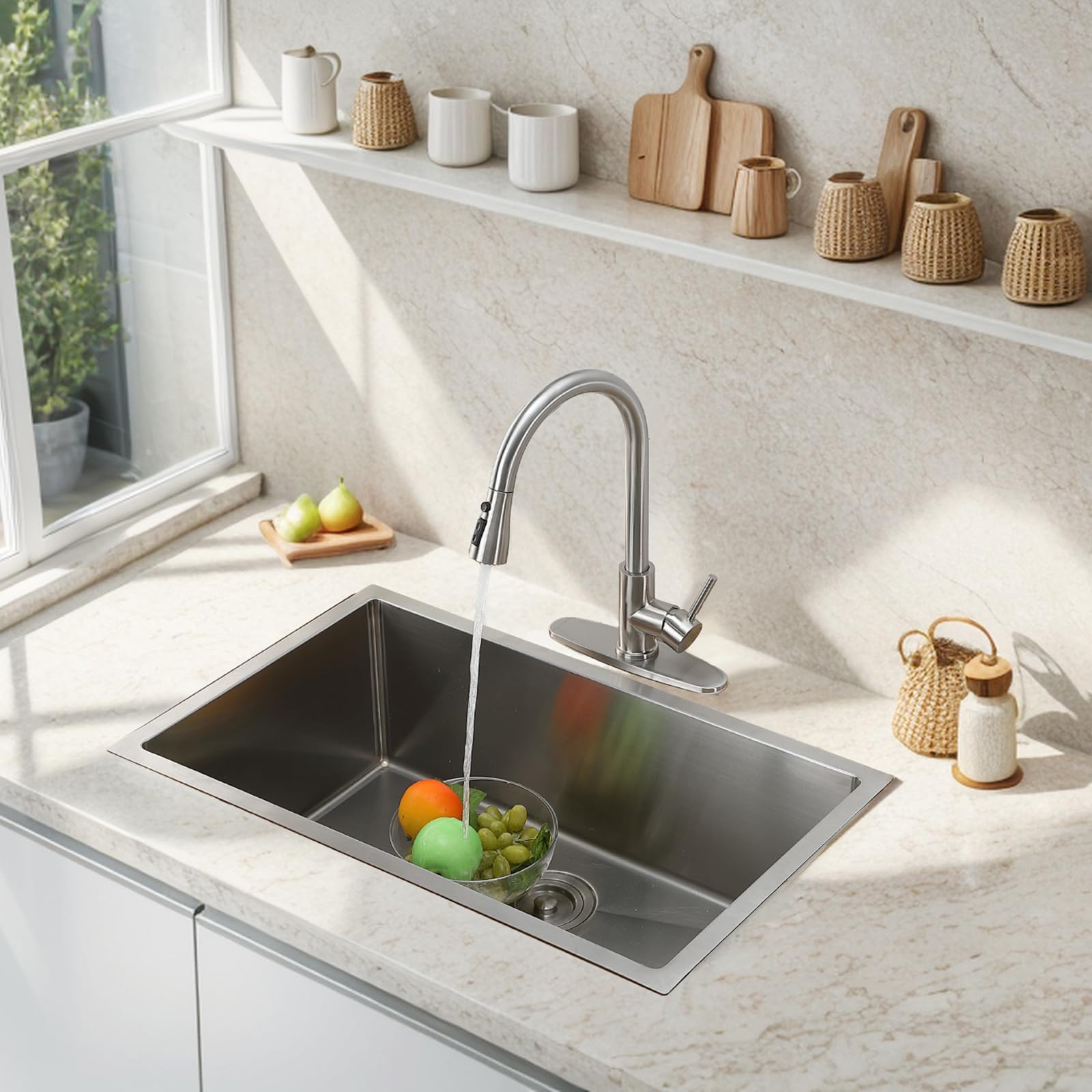 Kingo Home Kingo Kitchen Faucet, Brushed Nickel Kitchen Faucets With Pull Down Sprayer, High Arc Single Handle Stainless Steel Sink Faucets 1 Or 3 Hole, Kitchen Sink Faucets For Farmhouse Camper Laundry Rv Bar