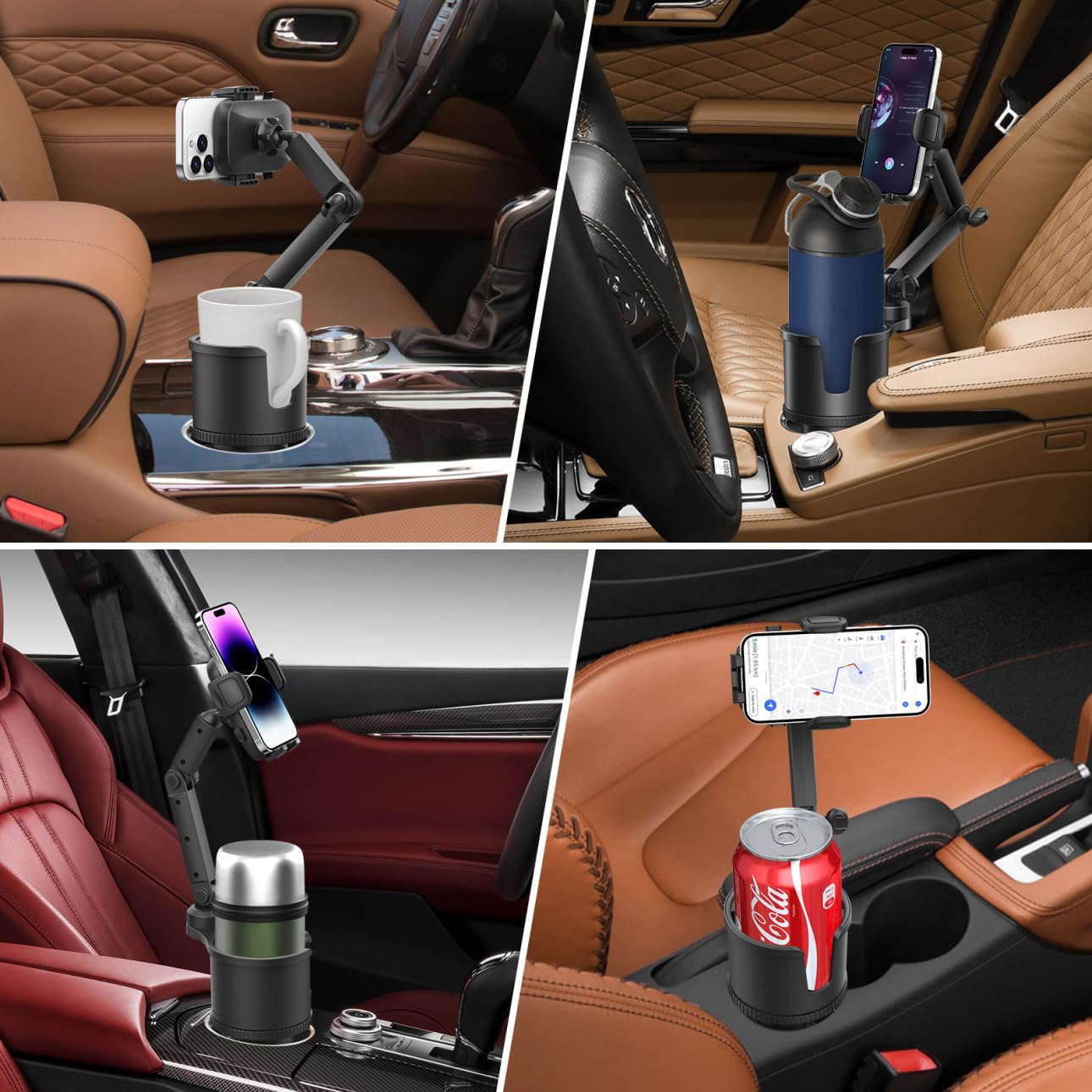 Easkkty Car Cup Holder Expander Phone Holder With Adjustable Arm And Base, 2 In 1 Phone Mount And Cupholder Adapter With Expandable Base For Most Large Drink Bottle And Fit All 4-7'' Smartphones