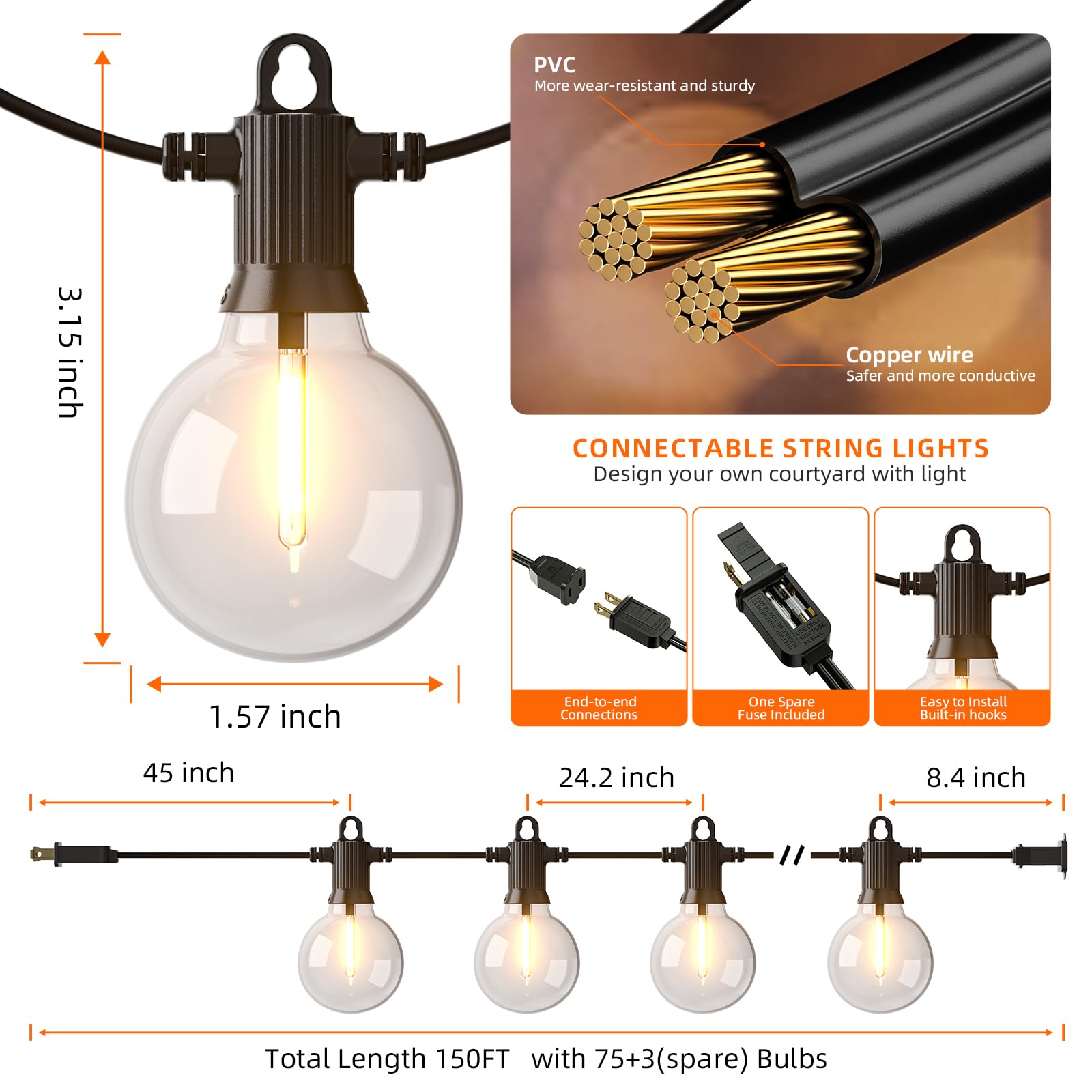 Kawaya String Lights For Outside,150Ft Led Outdoor String Lights Waterproof Patio Lights With 72+3 Shatterproof Edison Globe Bulbs, Connectable Hanging Lights For Balcony Bistro Backyard Porch