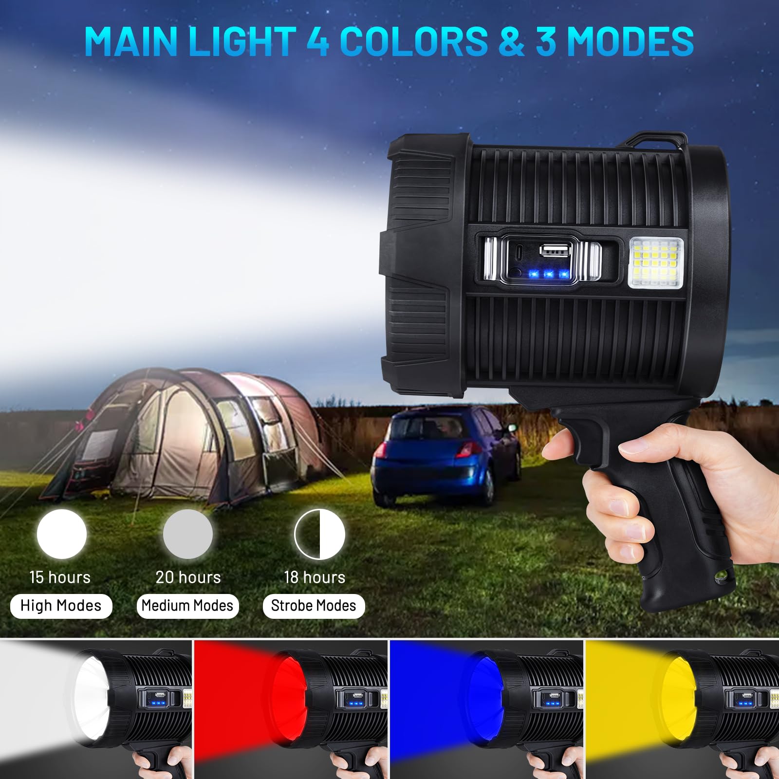 Crazybrace Spotlight Flashlight Outdoor, 990,000 Lumen Brightest Rechargeable Spotlight With Solar Panels & 6 Modes, Powerful Led Spotlights 30H Long Runtime, Large Handheld Spot Light For Boating Hunting