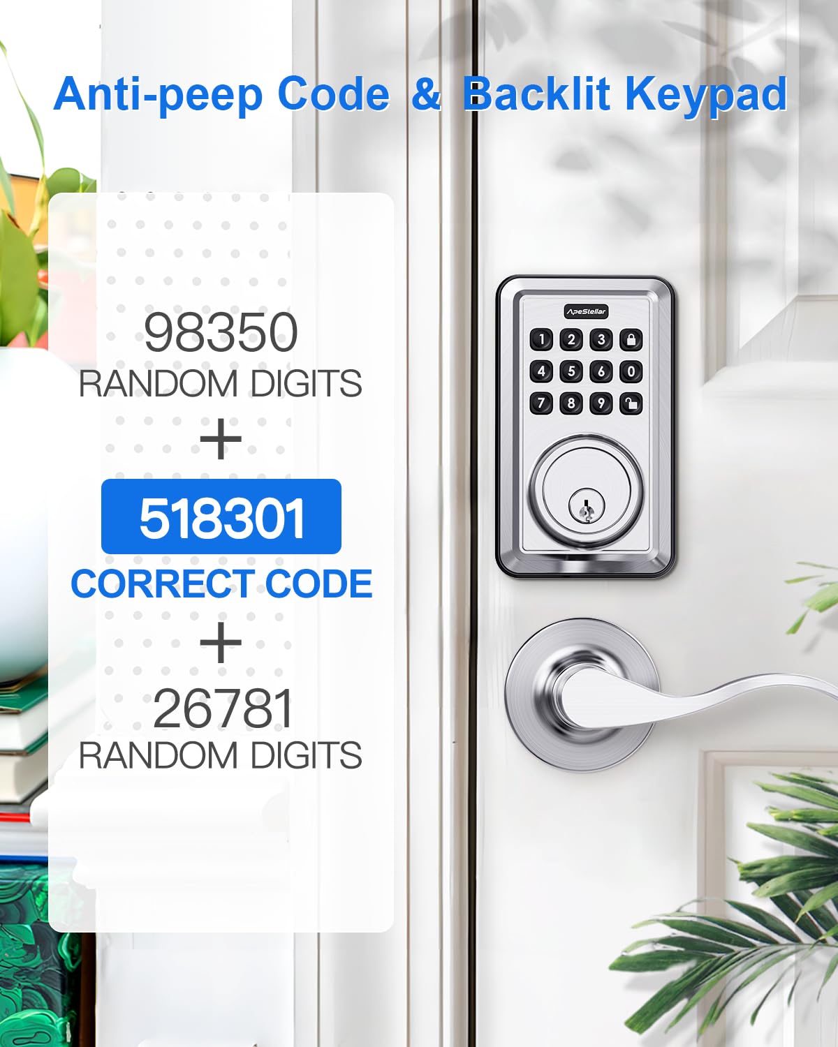 Apestellar Keyless Entry Door Lock With 2 Lever Handles - Electronic Keypad Deadbolt - Front Door Lock Handle Sets - Auto Lock,Anti-Peeking Password, Easy Installation - Satin Nickel