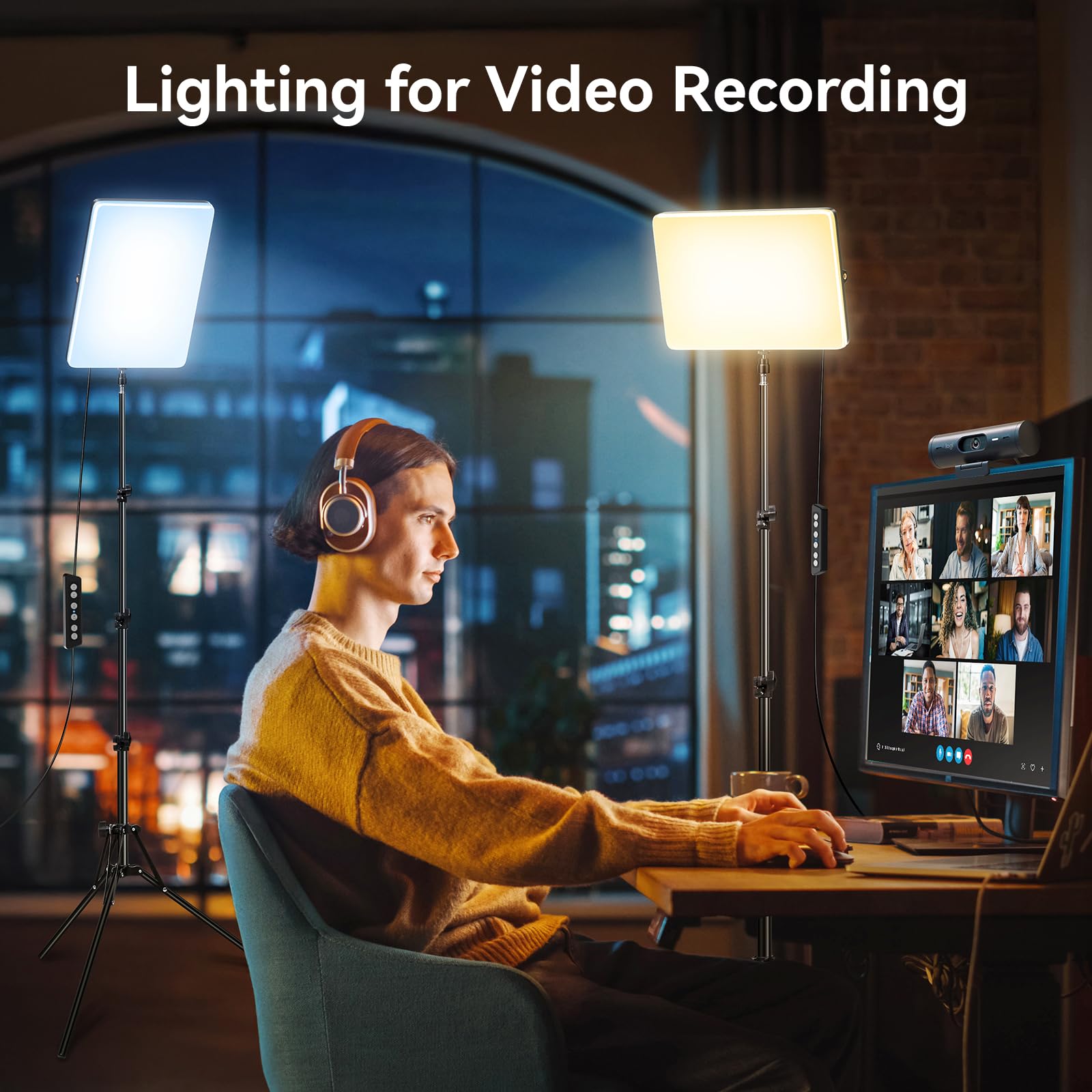 Scrhot 2 Pack Led Video Light Kit, Studio Lights, Photography Lighting With 64" Tripod Stand, Dimmable 2800-8400K Podcast Lighting Panel For Video Recording/Game Live Streaming/Youtube