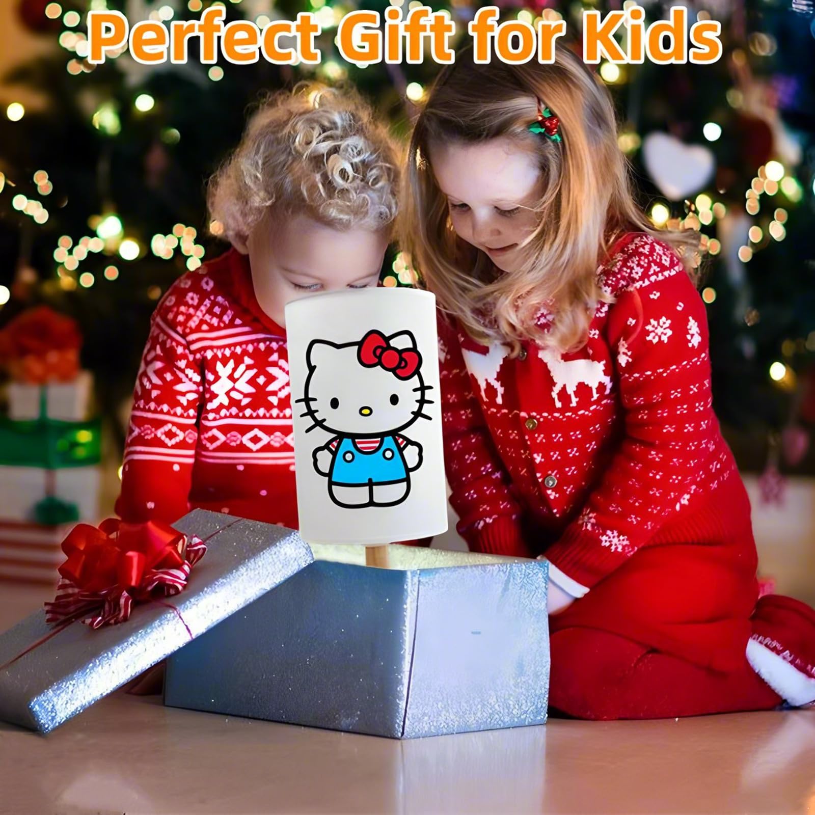 Dai-Congyue Kitty Bedside Table Lamp For Bedroom,Kitty -3 Colors Nightstand Night Light Lamp With Led Bulb,Wood Base Round Flaxen Fabric Shade Desk Reading Lamp For Kids Room,Holiday For Girls Boys (B)