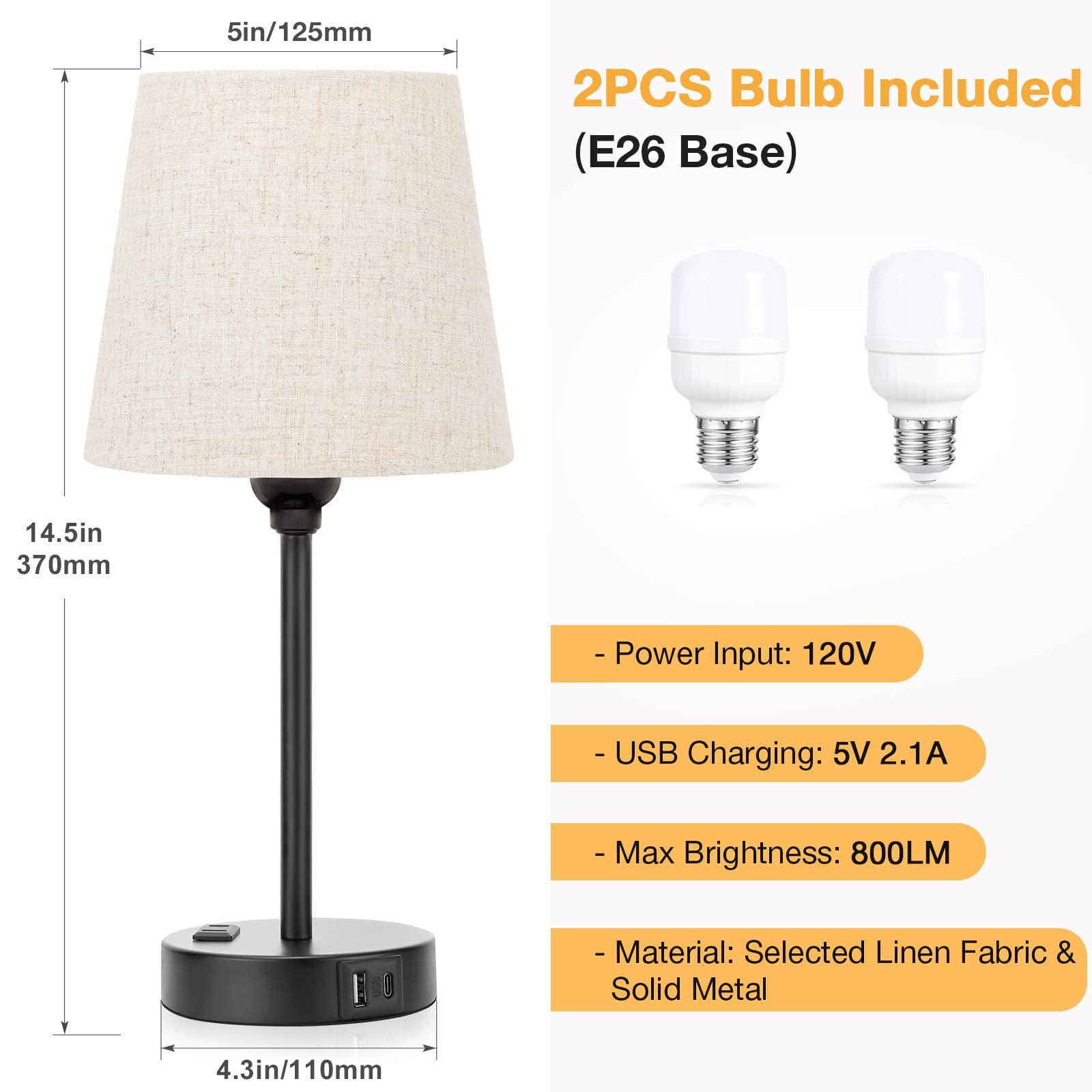 Acaxin Mini Bedside Lamps For Bedrooms Set Of 2 - Nightstand Bedroom Lamps With Usb C Port And Ac Outlet Charging, Dimmable Touch Small Bed Side Table Lamp, Black Night Stand Light For Kids/Guest Room